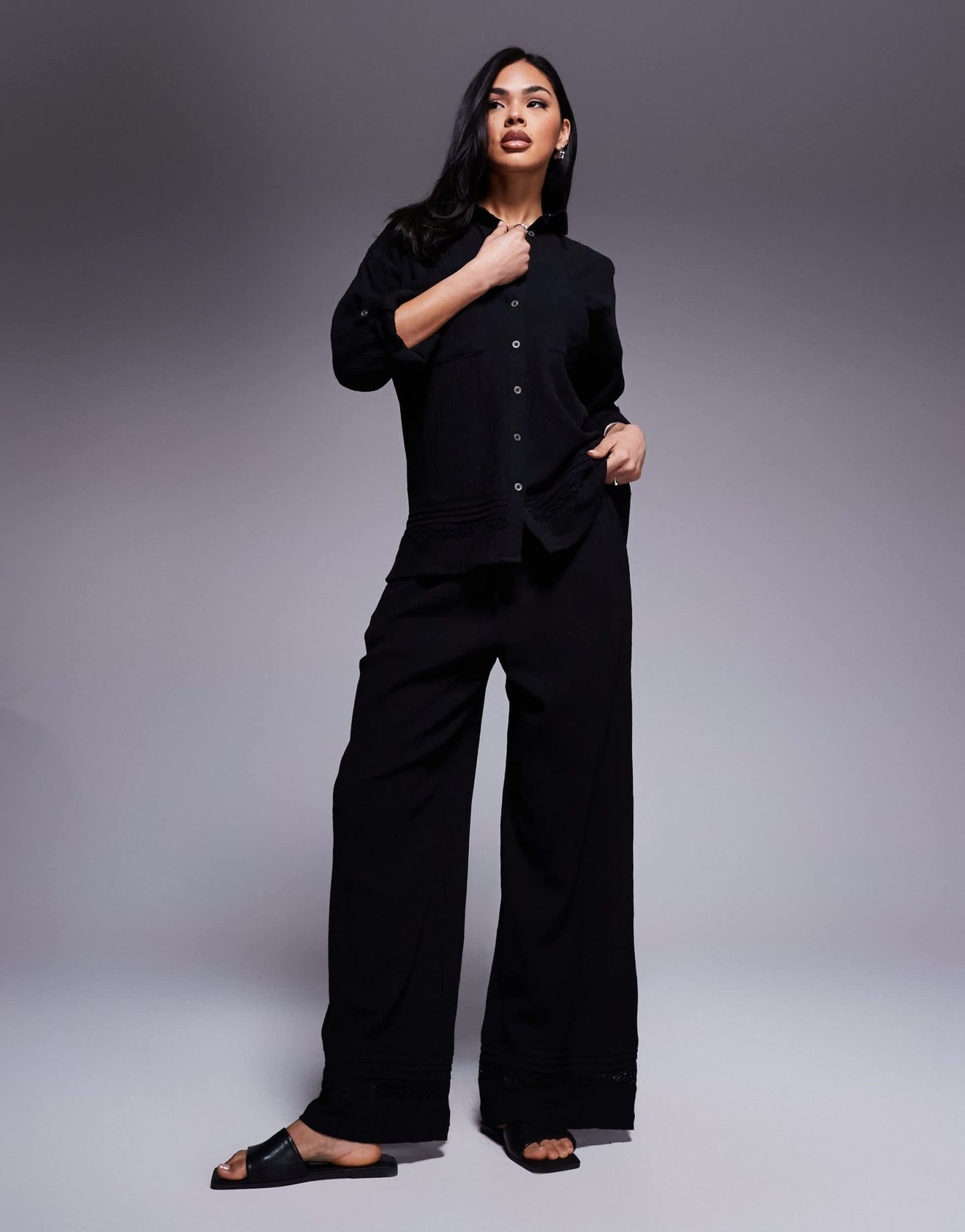 River Island crinkle shirt co - ord in black - ASOS Sample Sale