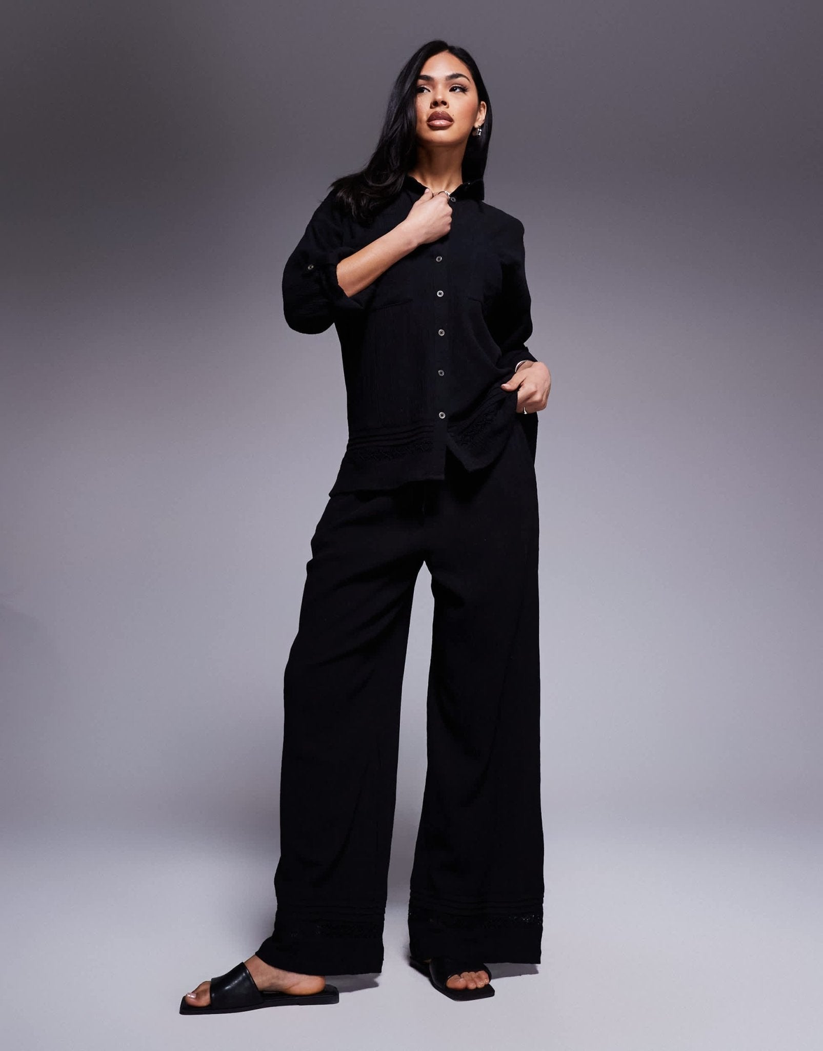 River Island crinkle shirt co - ord in black - ASOS Sample Sale