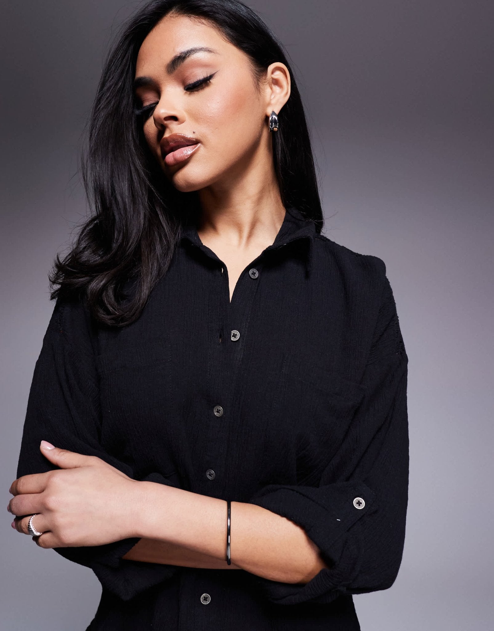 River Island crinkle shirt co - ord in black - ASOS Sample Sale