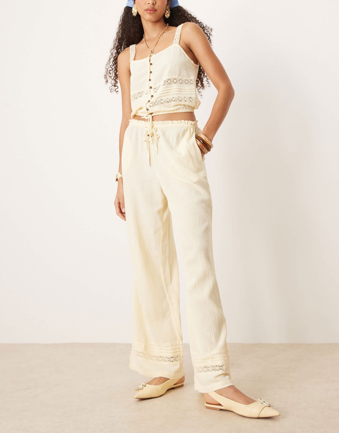 River Island crinkle trouser co-ord in light yellow - ASOS Sample Sale