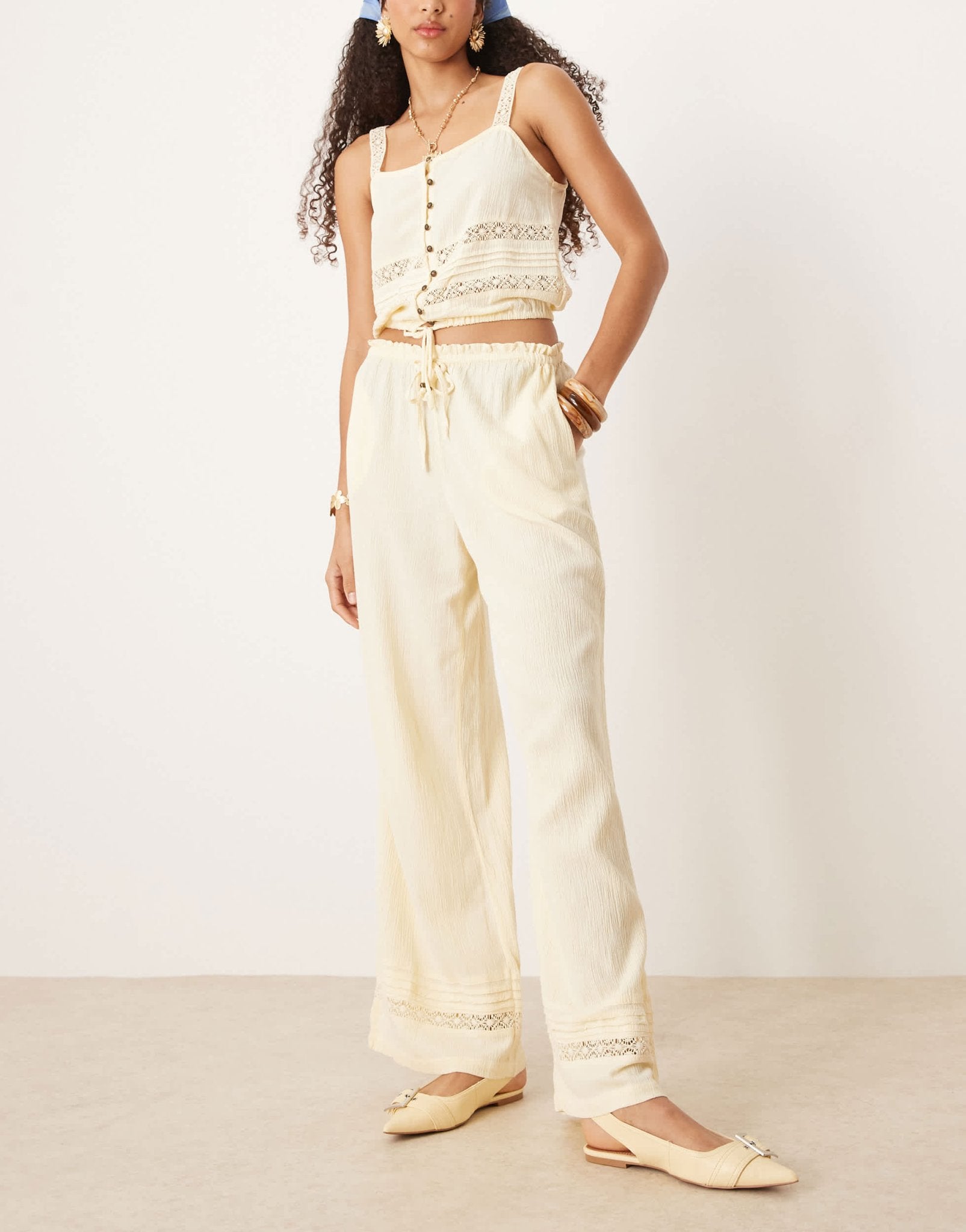 River Island crinkle trouser co-ord in light yellow - ASOS Sample Sale