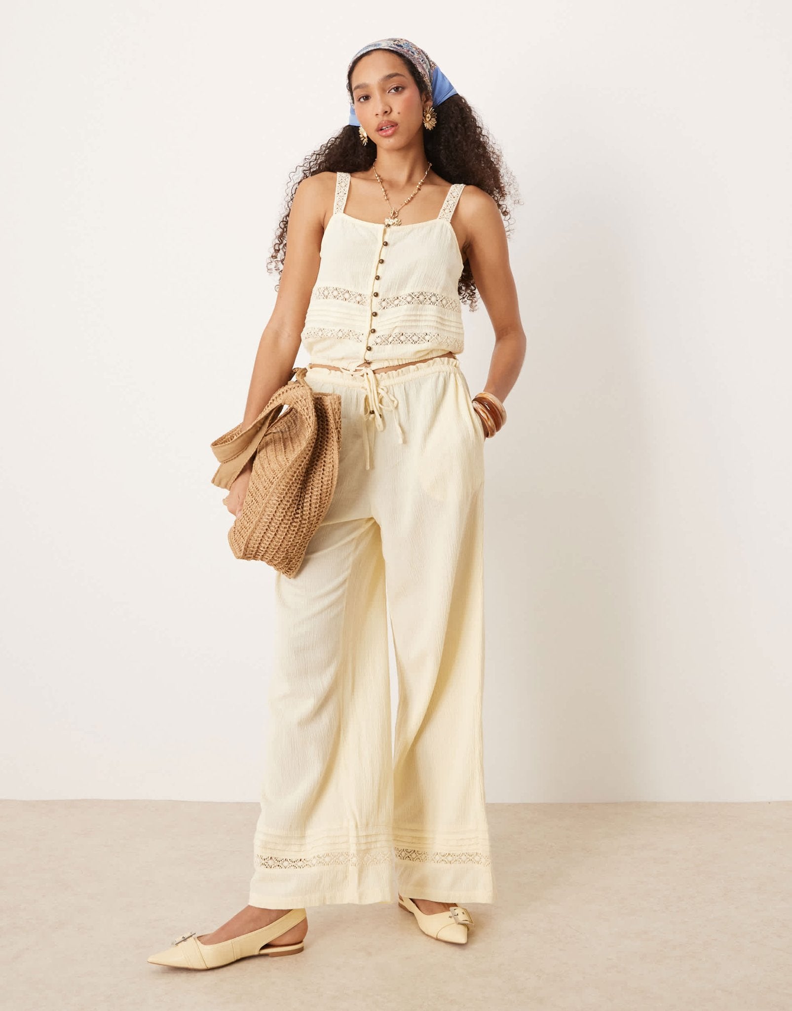 River Island crinkle trouser co-ord in light yellow - ASOS Sample Sale