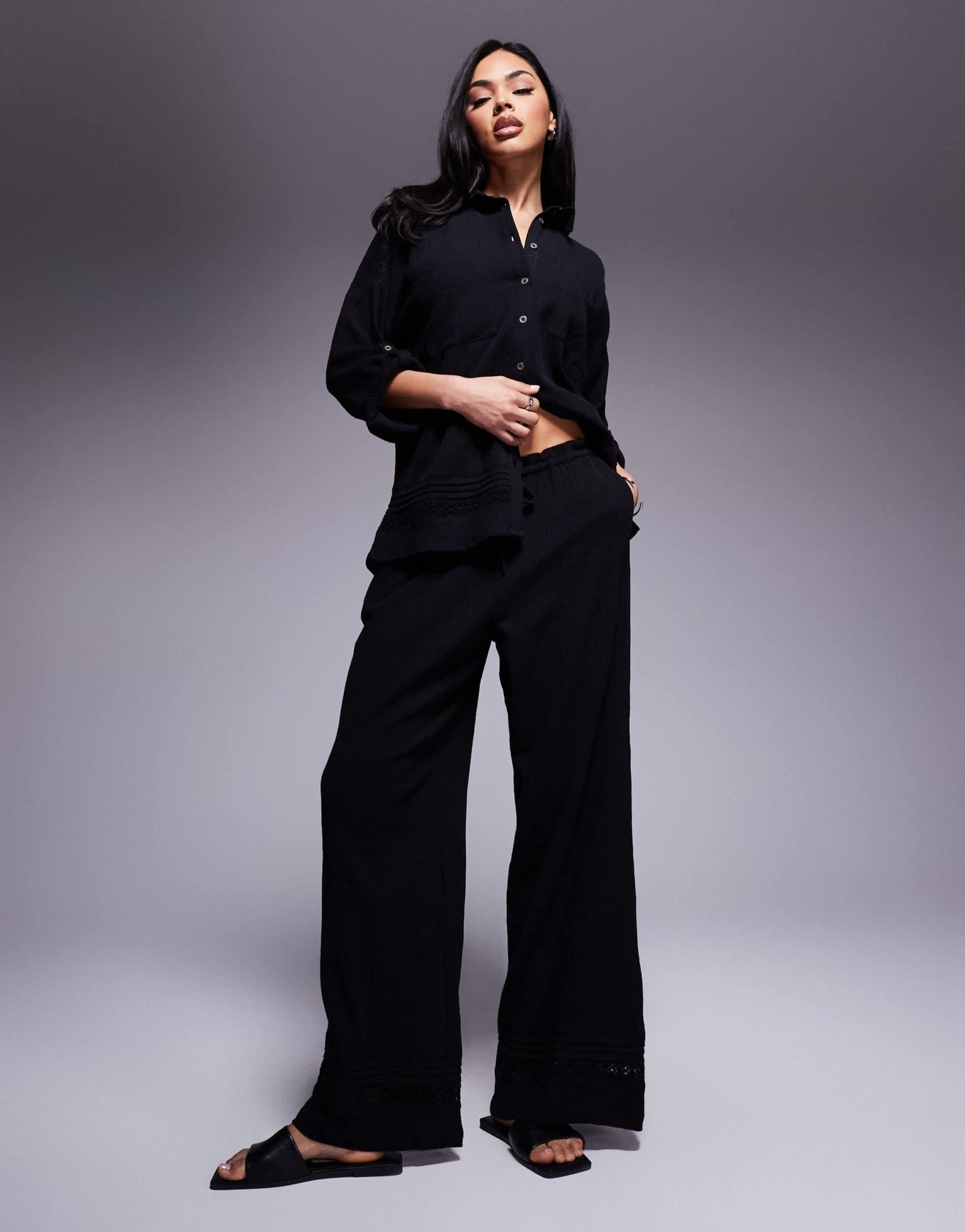 River Island crinkle wide leg trouser co - ord in black - ASOS Sample Sale