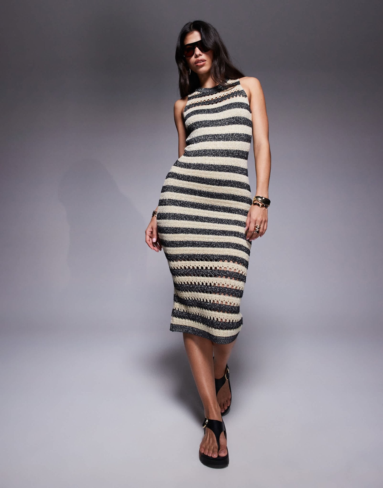 River Island crochet midi dress in silver stripe - ASOS Sample Sale