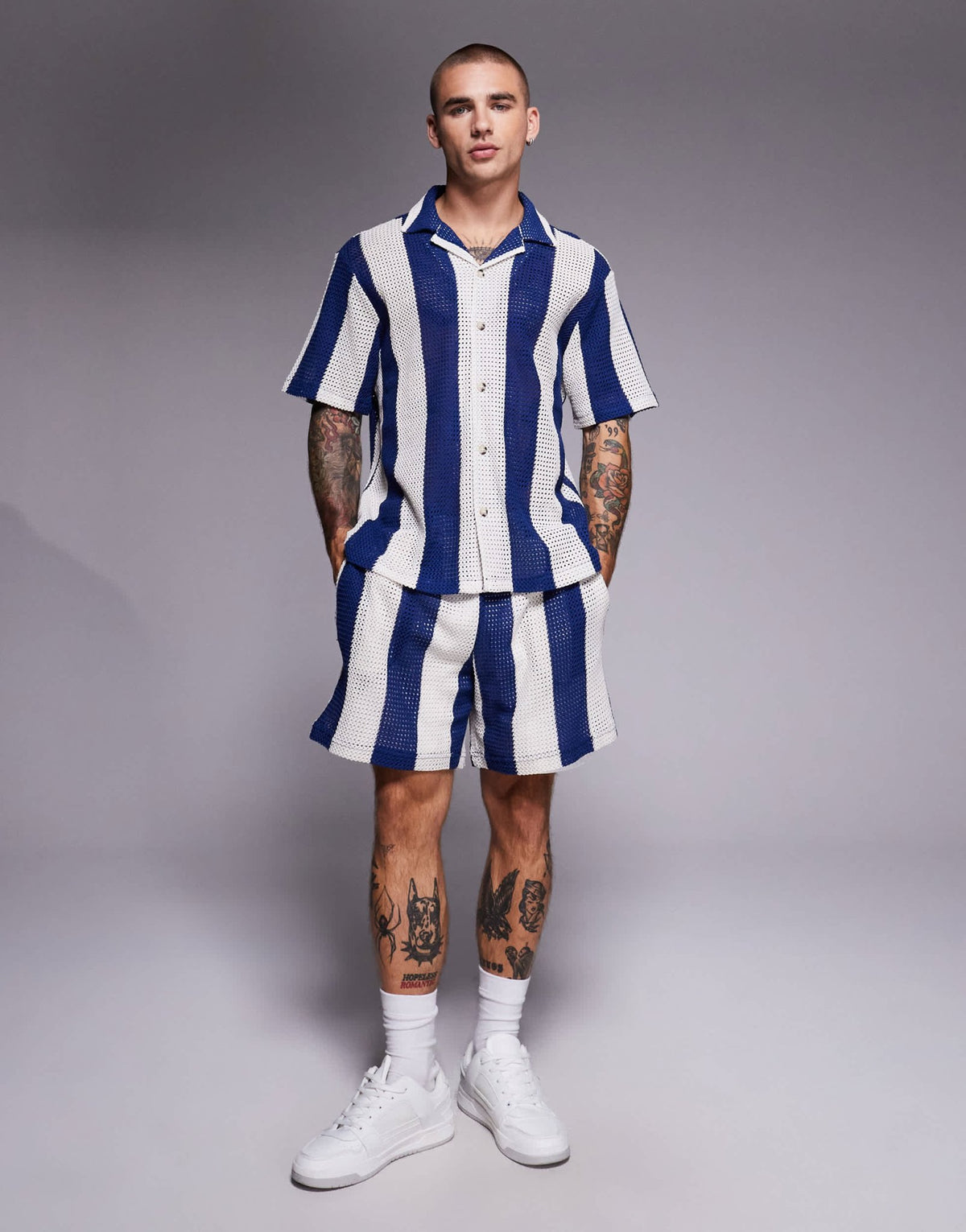 River Island crochet shirt in blue stripe - ASOS Sample Sale