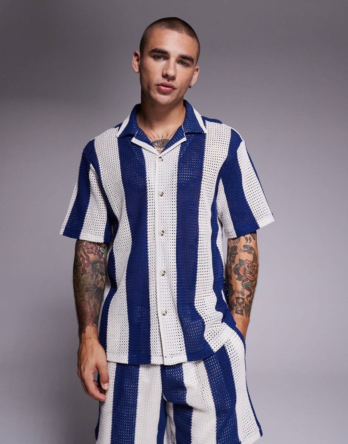 River Island crochet shirt in blue stripe - ASOS Sample Sale