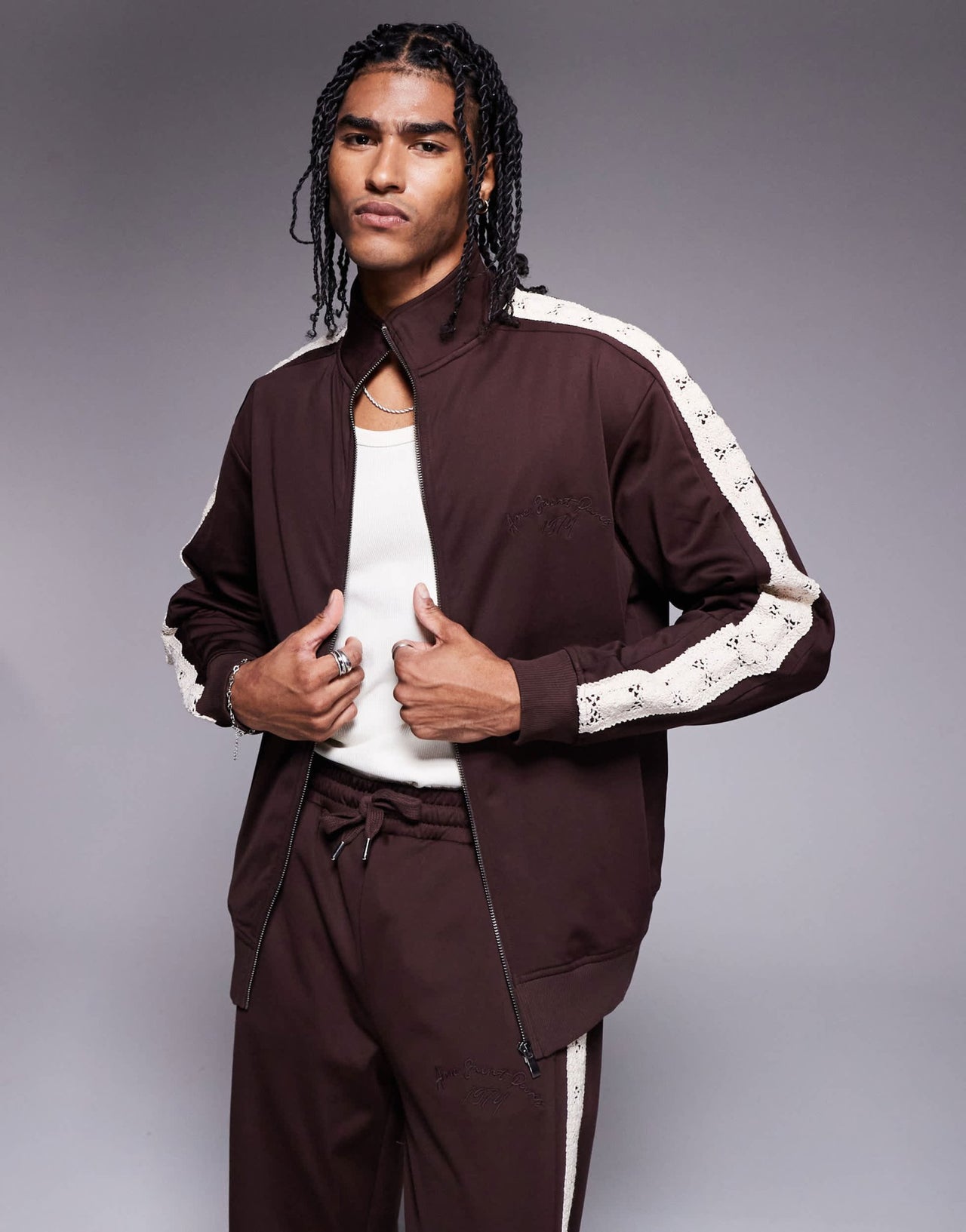 River Island crochet taped track jacket co - ord in brown - ASOS Sample Sale