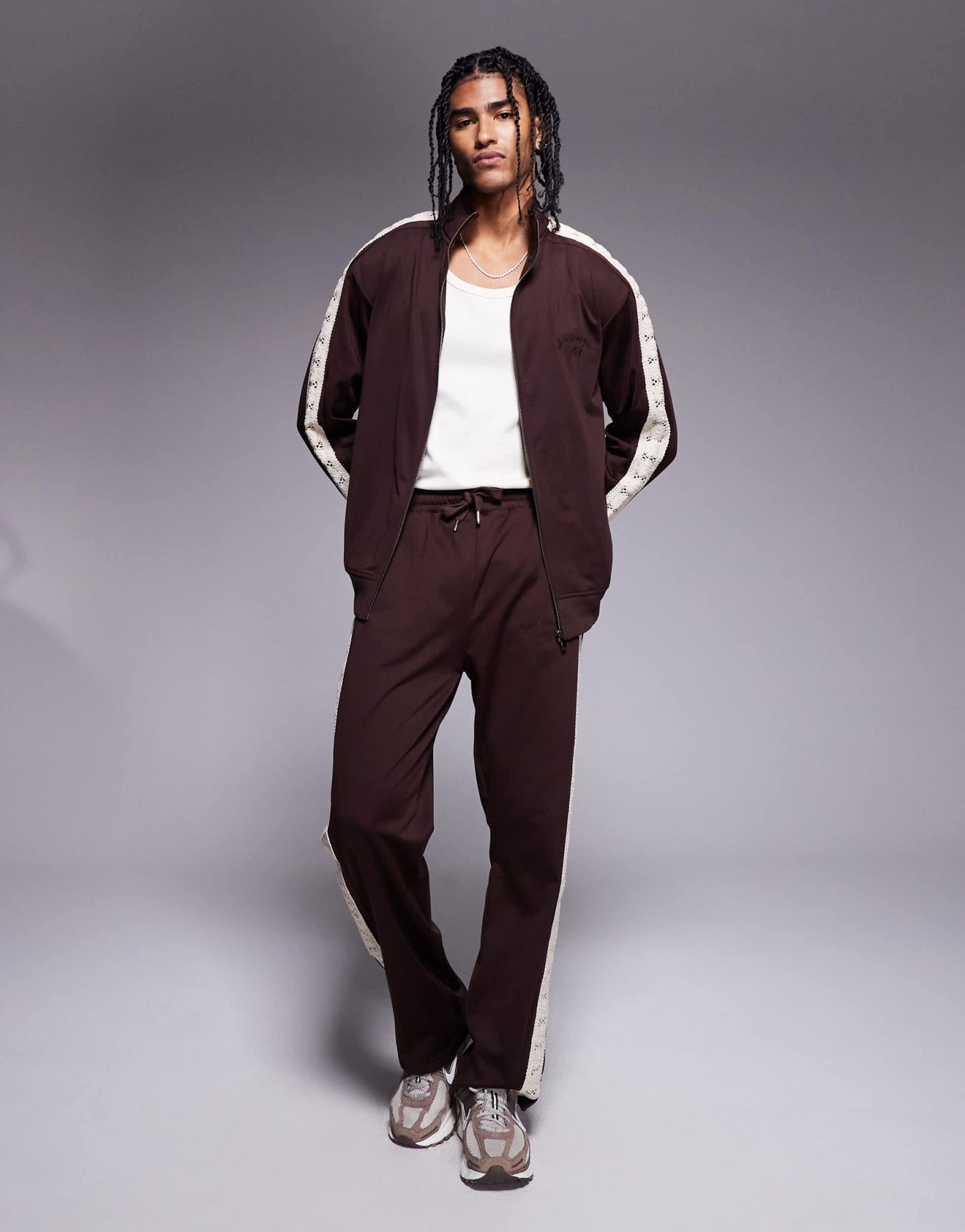 River Island crochet taped track jacket co - ord in brown - ASOS Sample Sale