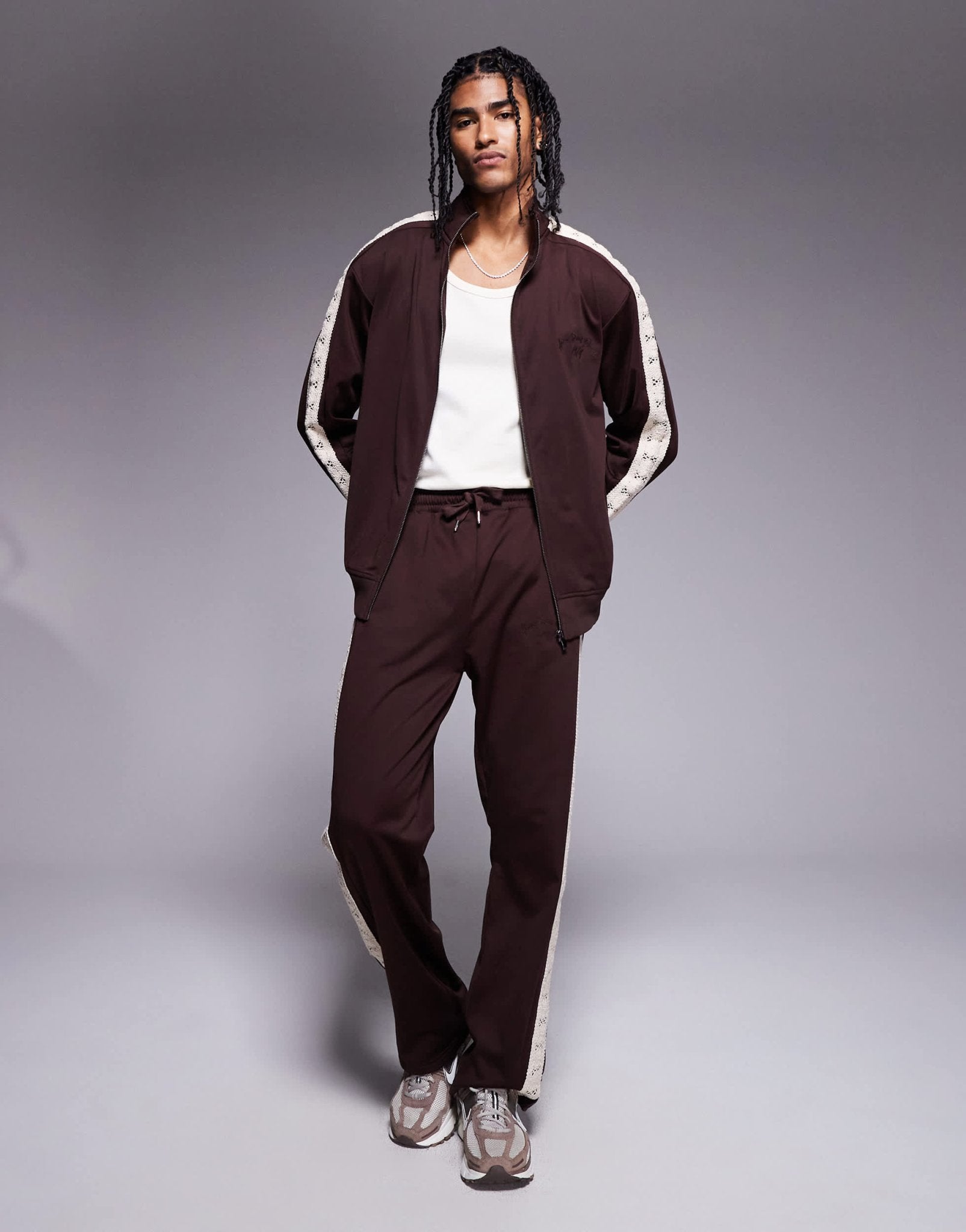 River Island crochet taped track jacket co - ord in brown - ASOS Sample Sale