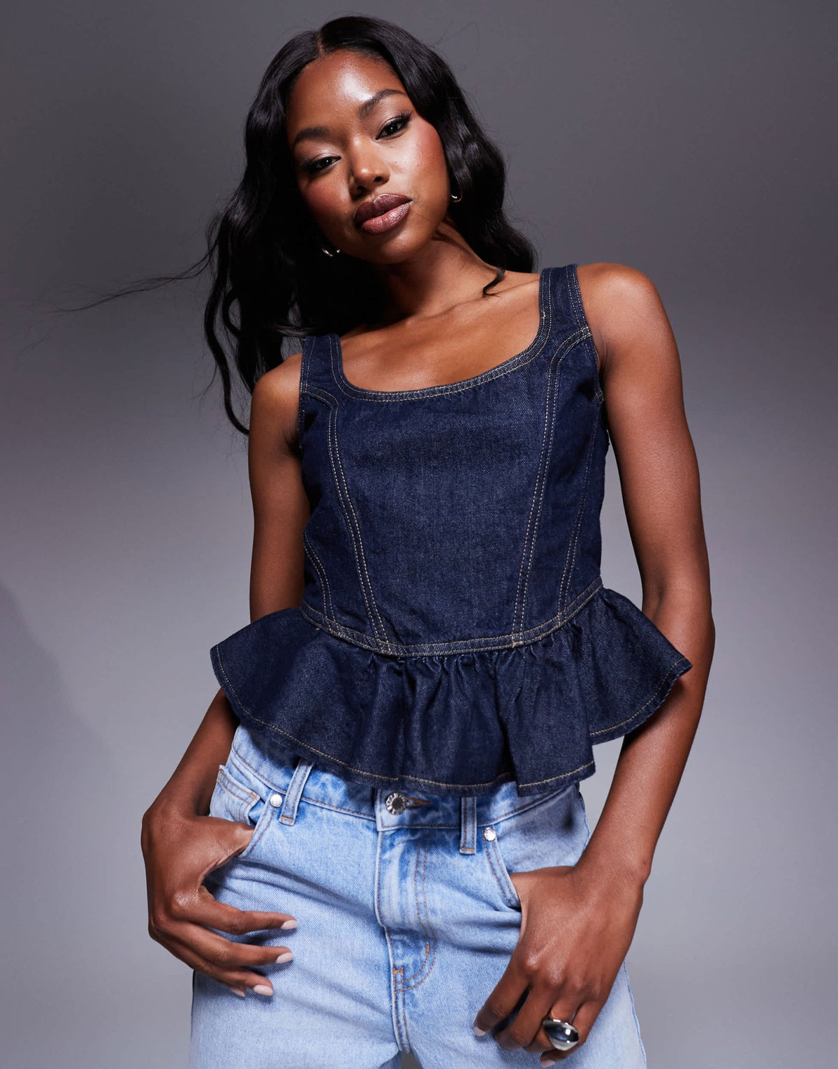 River Island denim peplum top in darkwash blue - ASOS Sample Sale