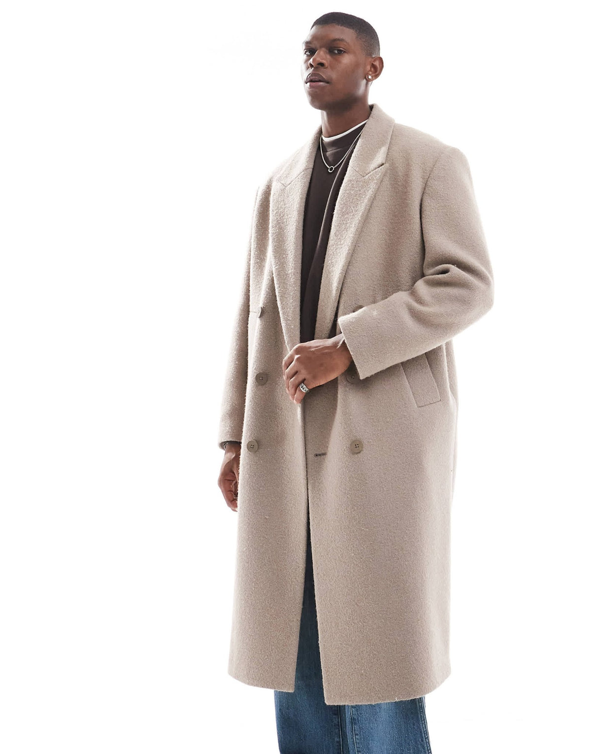 River Island double breasted coat in sand - ASOS Sample Sale