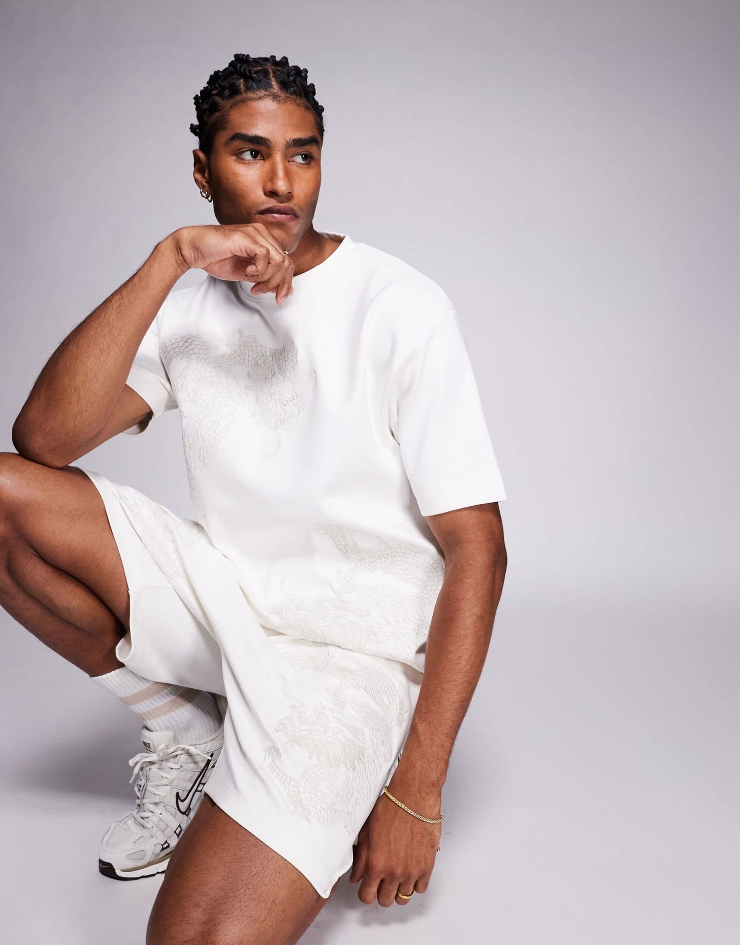 River Island embroidered dragon t-shirt co-ord in ecru - ASOS Sample Sale