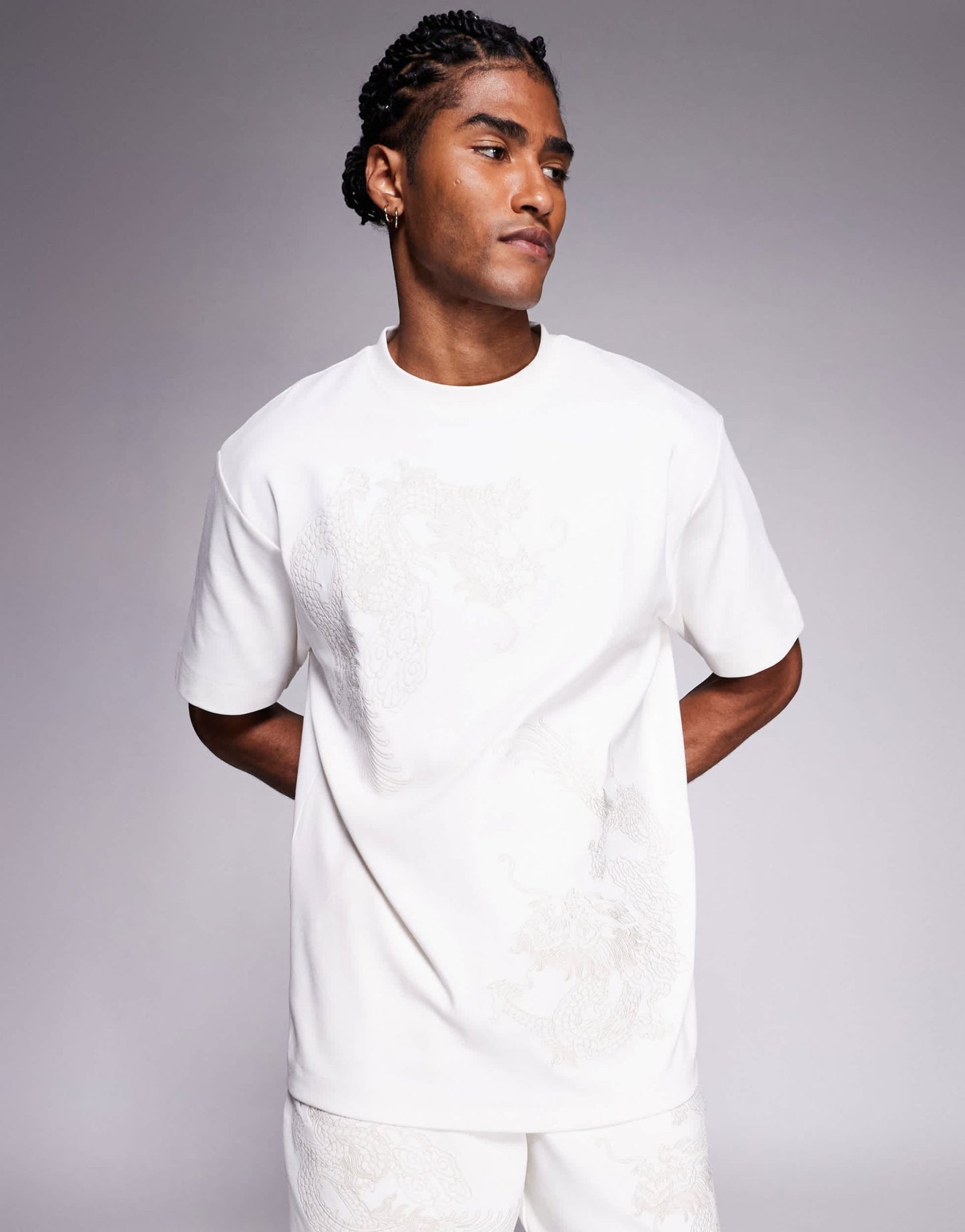 River Island embroidered dragon t-shirt co-ord in ecru - ASOS Sample Sale