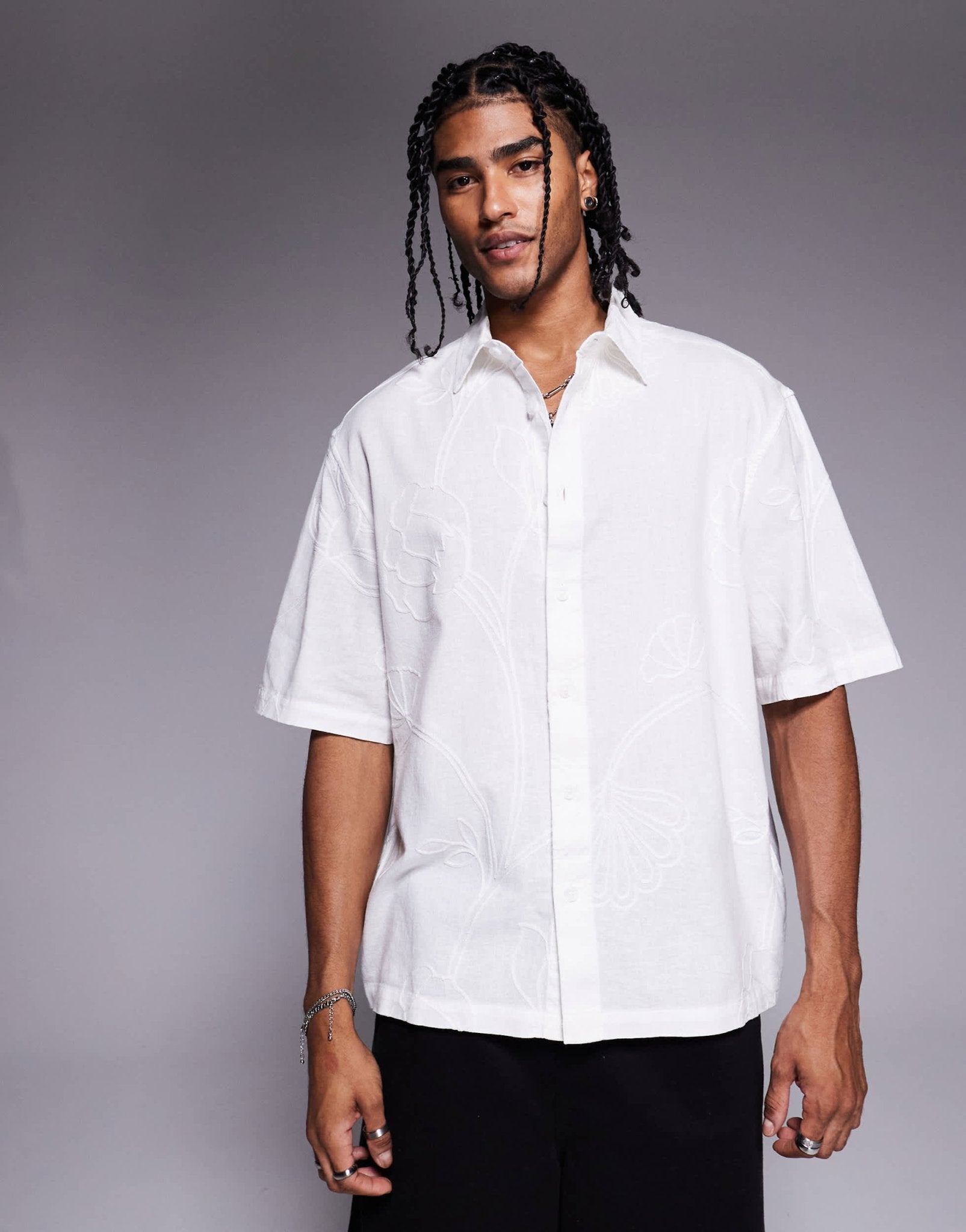 River Island embroidered oversized shirt in white - ASOS Sample Sale