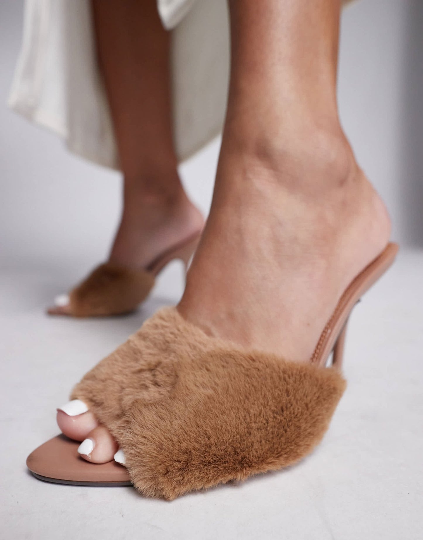 River Island faux fur heeled mules in beige - ASOS Sample Sale
