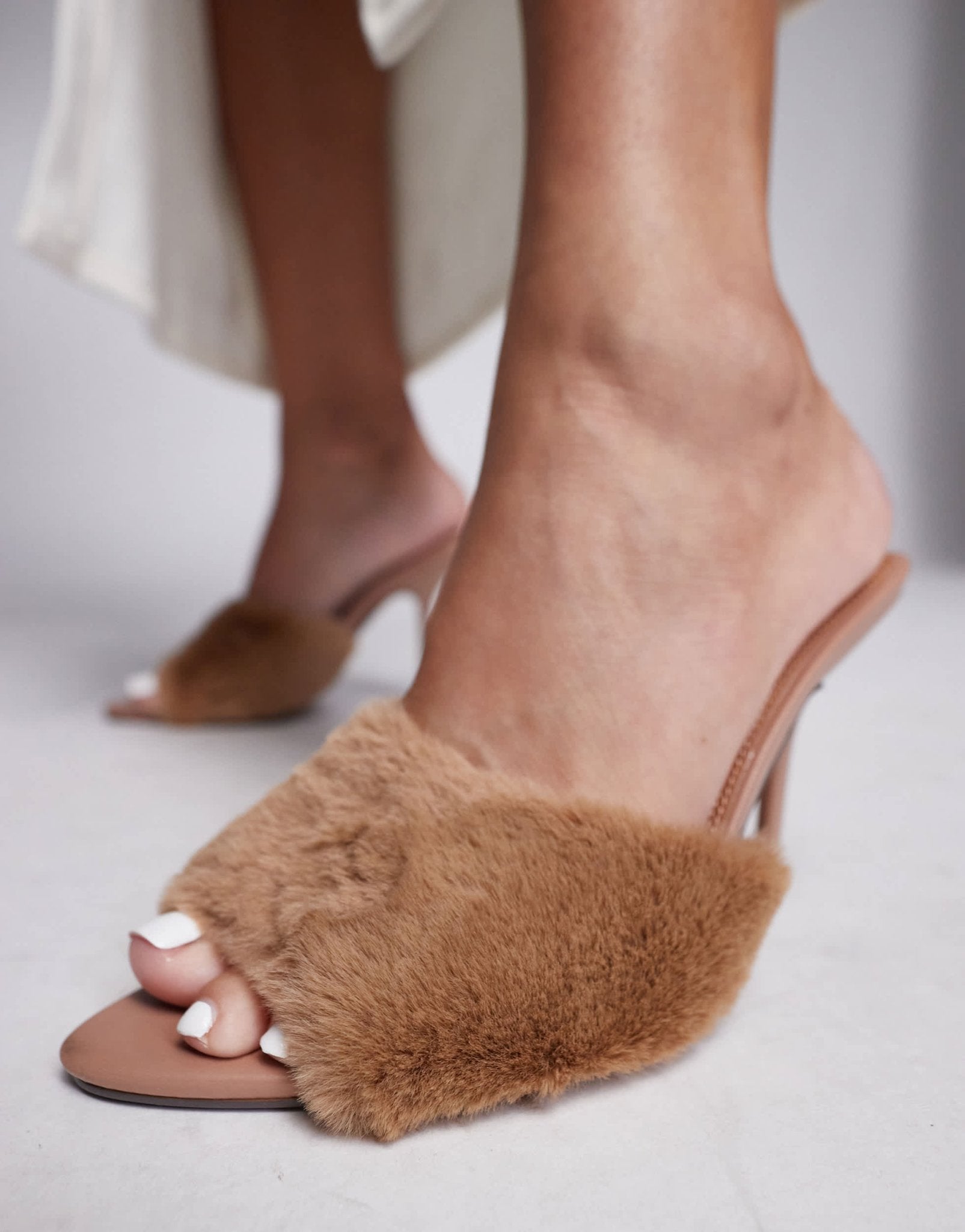 River Island faux fur heeled mules in beige - ASOS Sample Sale