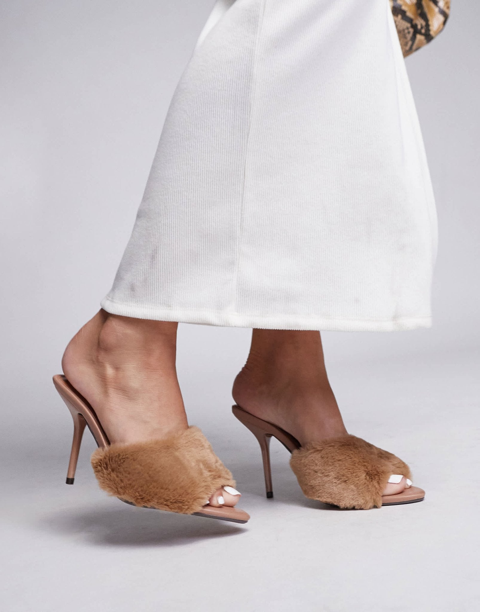 River Island faux fur heeled mules in beige - ASOS Sample Sale