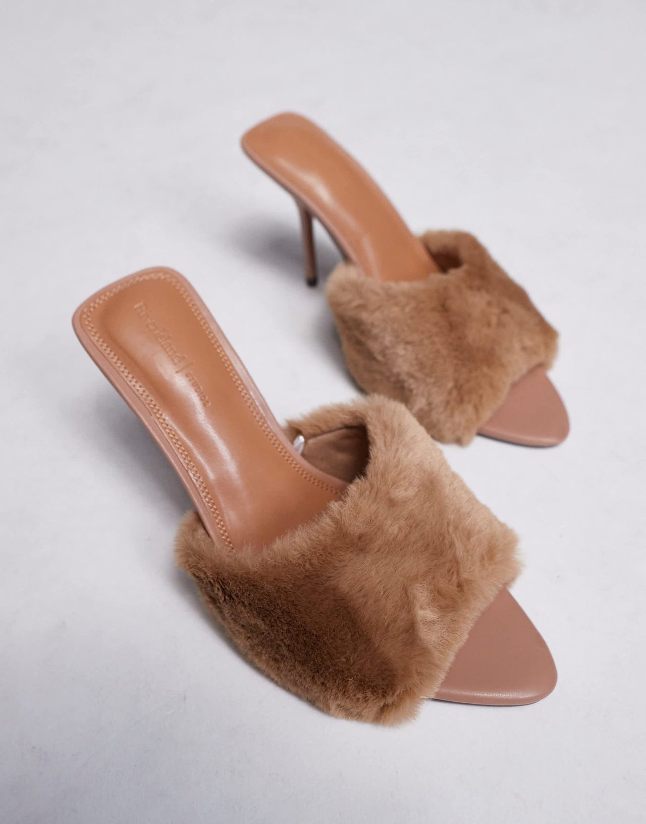 River Island faux fur heeled mules in beige - ASOS Sample Sale
