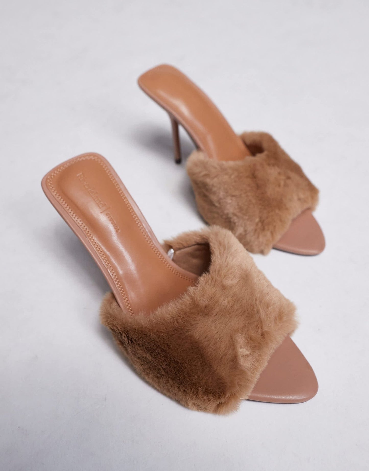 River Island faux fur heeled mules in beige - ASOS Sample Sale