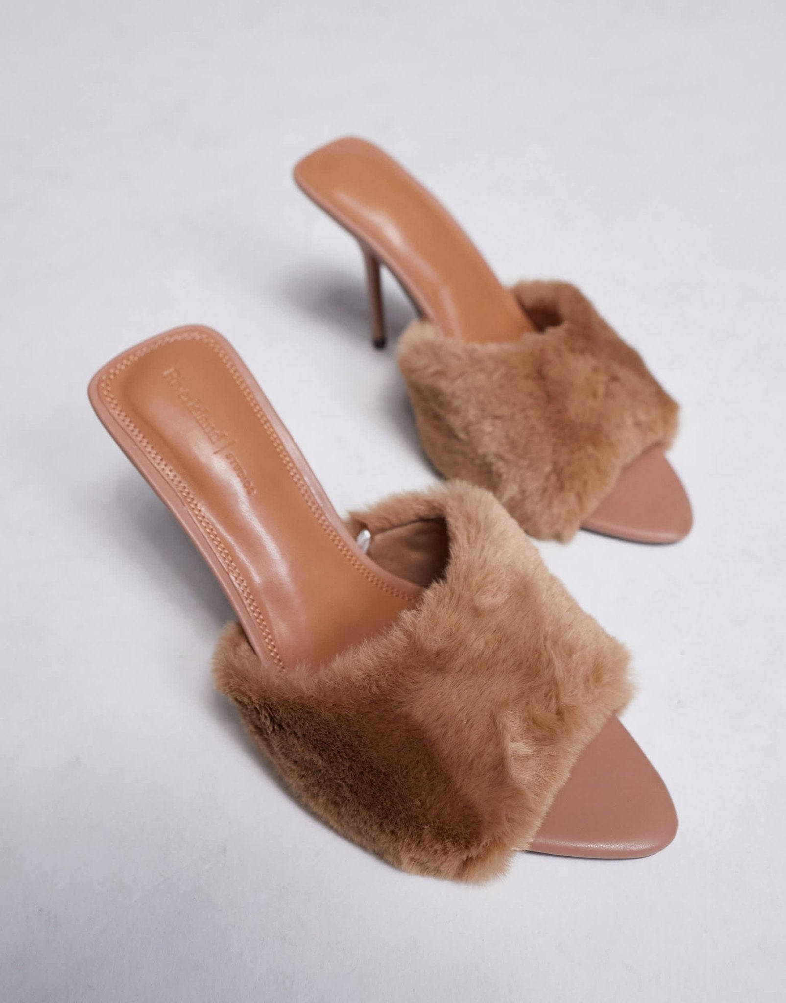 River Island faux fur heeled mules in beige - ASOS Sample Sale