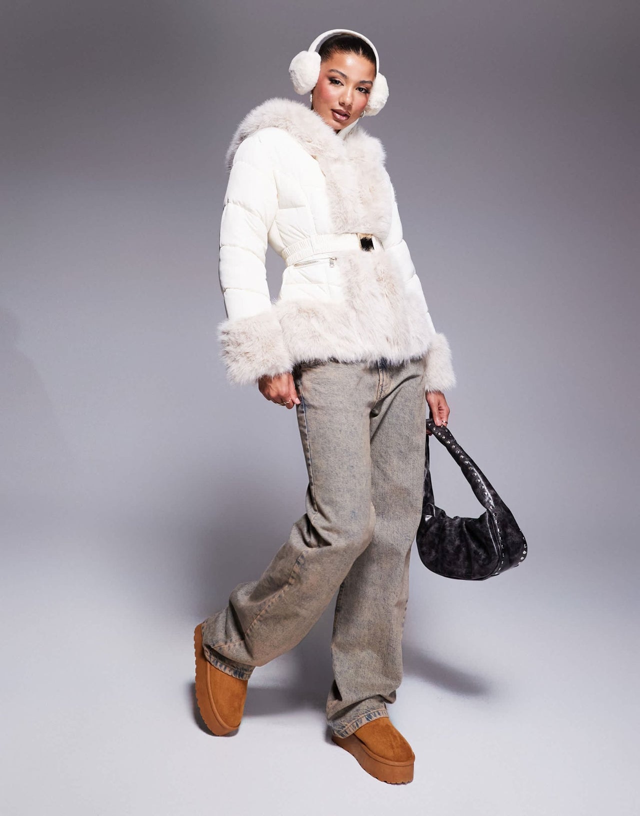River Island faux fur short puffer jacket in cream - ASOS Sample Sale