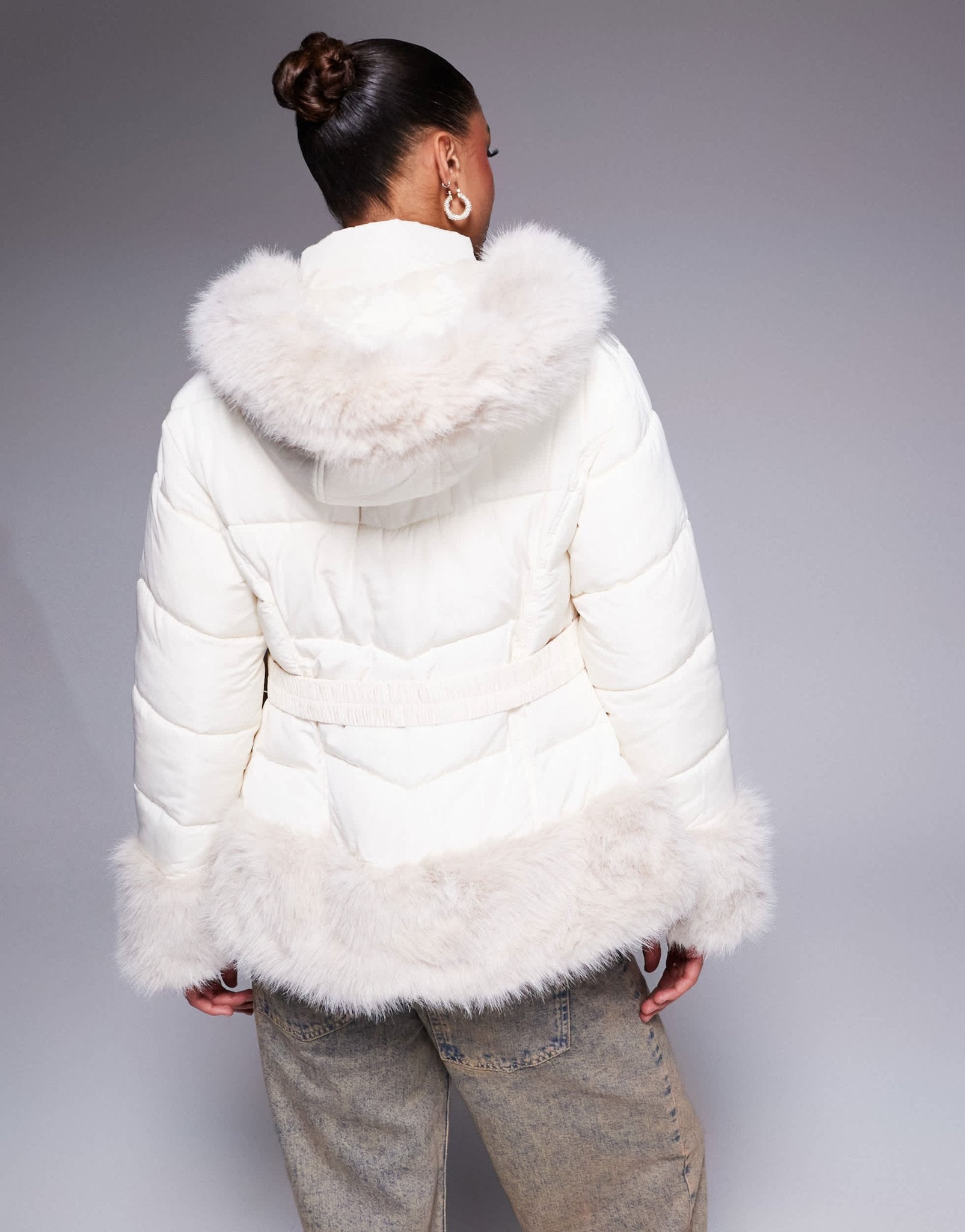 River Island faux fur short puffer jacket in cream - ASOS Sample Sale
