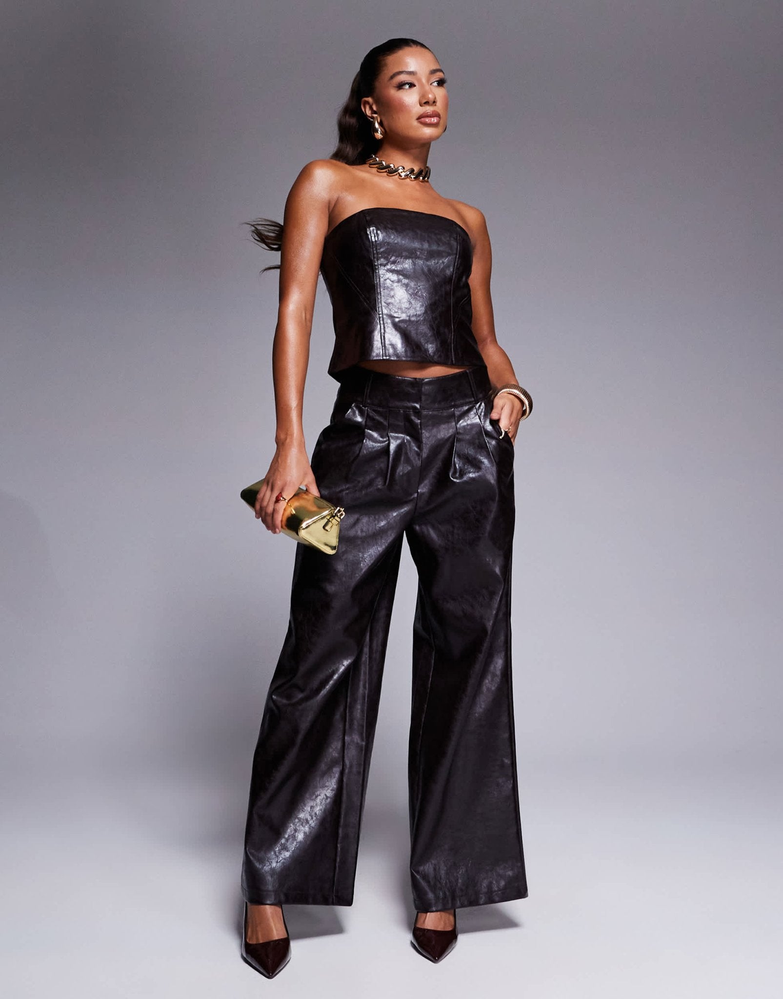 River Island faux leather corset top co - ord in dark brown - ASOS Sample Sale