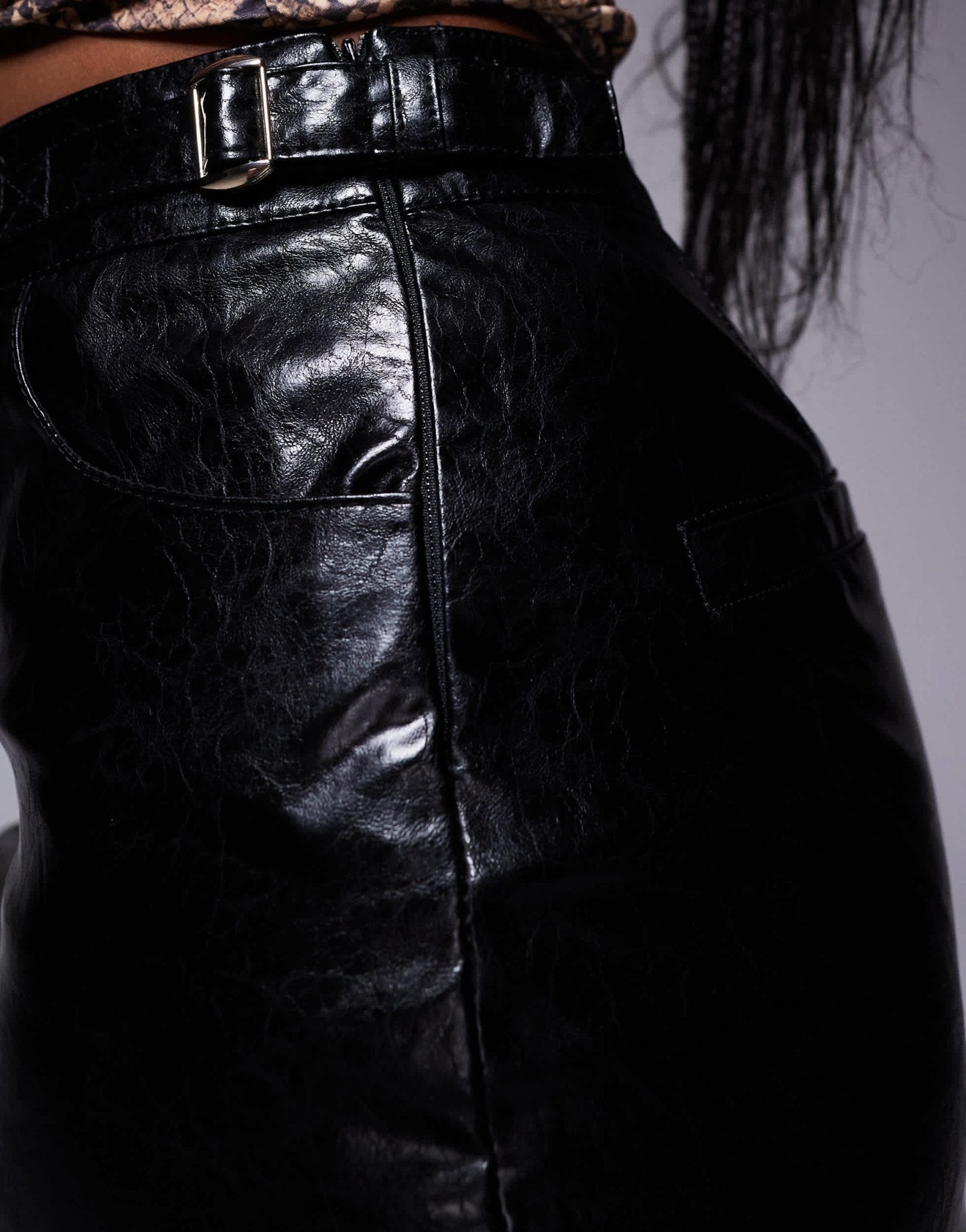 River Island faux leather cropped buckle trouser in black - ASOS Sample Sale