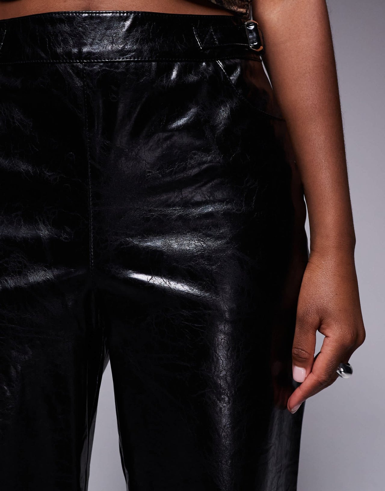River Island faux leather cropped buckle trouser in black - ASOS Sample Sale