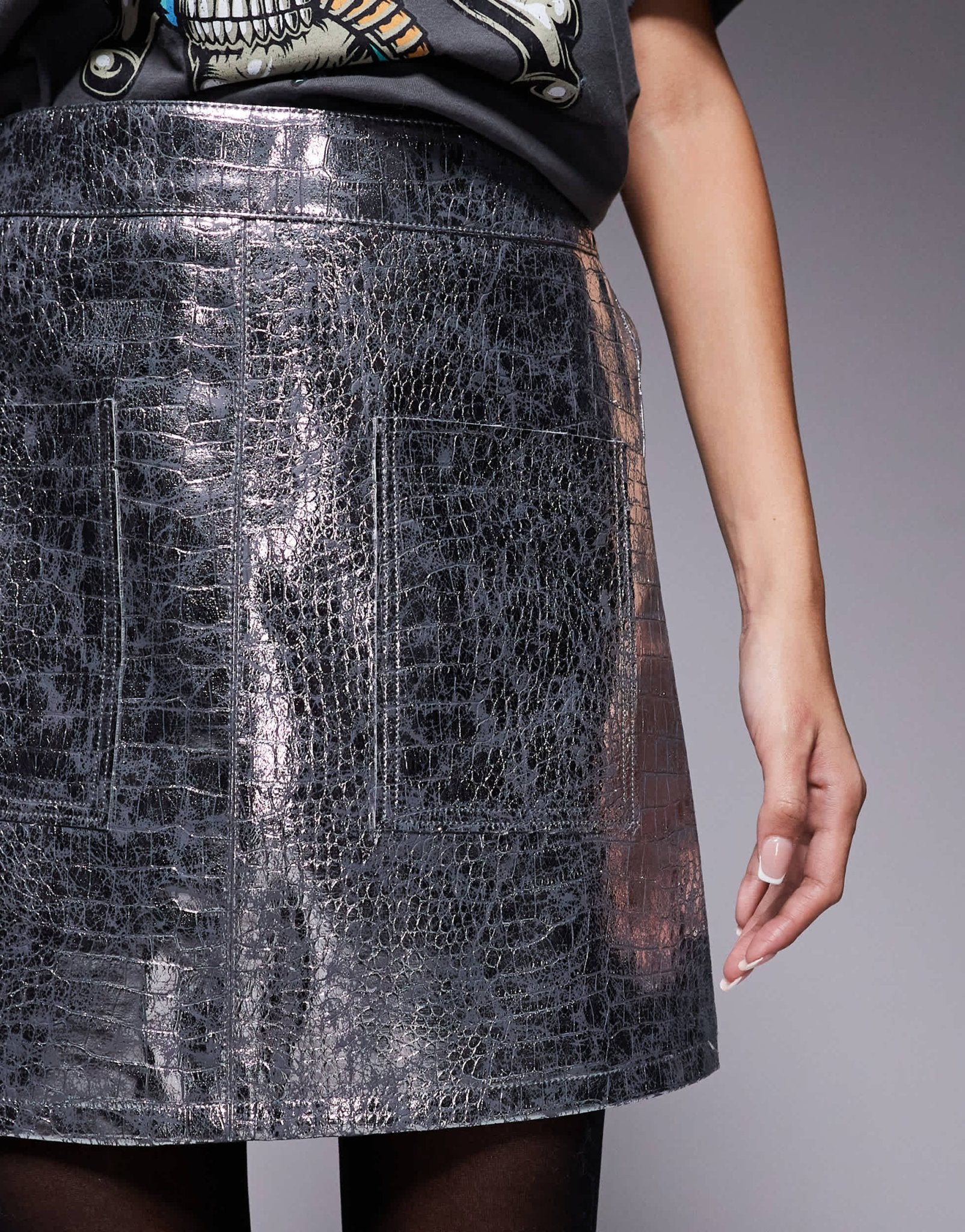 River Island faux leather patch pocket mini skirt in silver - ASOS Sample Sale