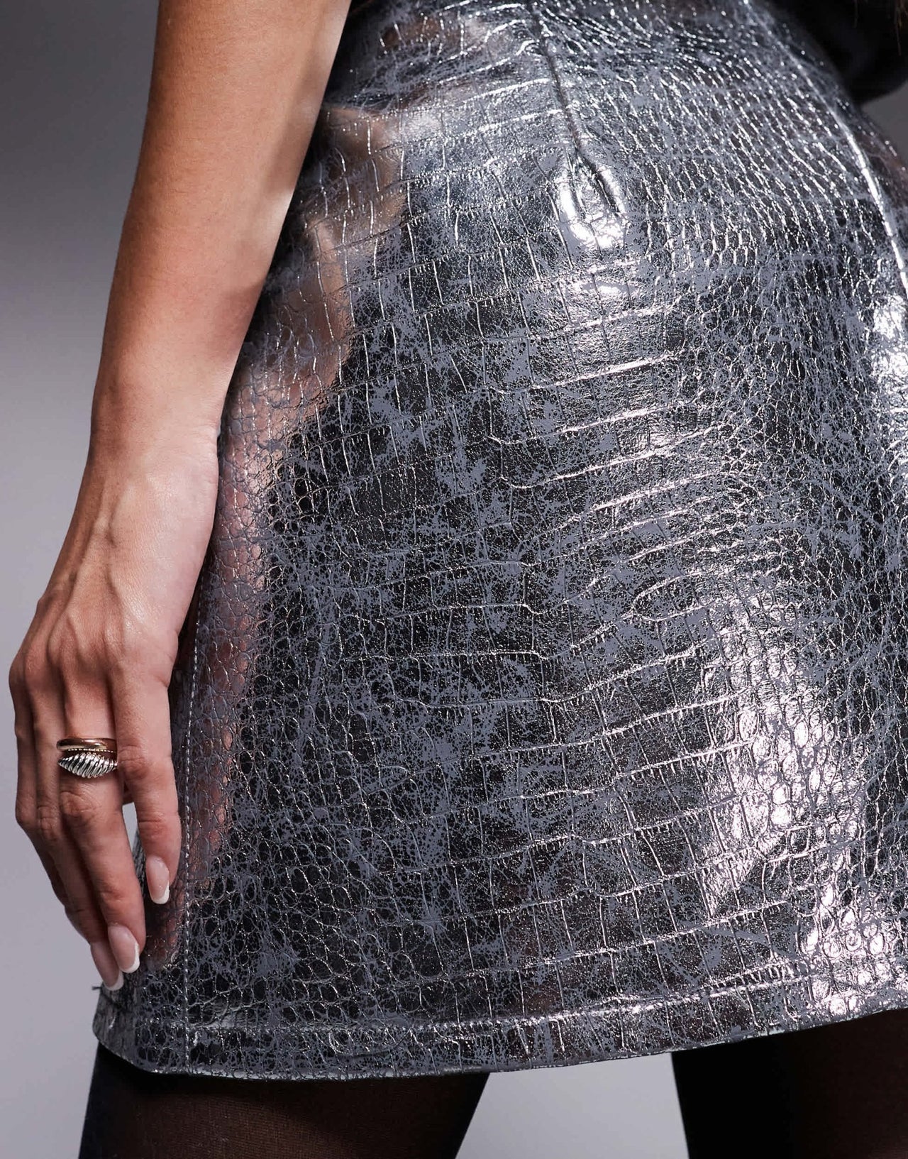 River Island faux leather patch pocket mini skirt in silver - ASOS Sample Sale