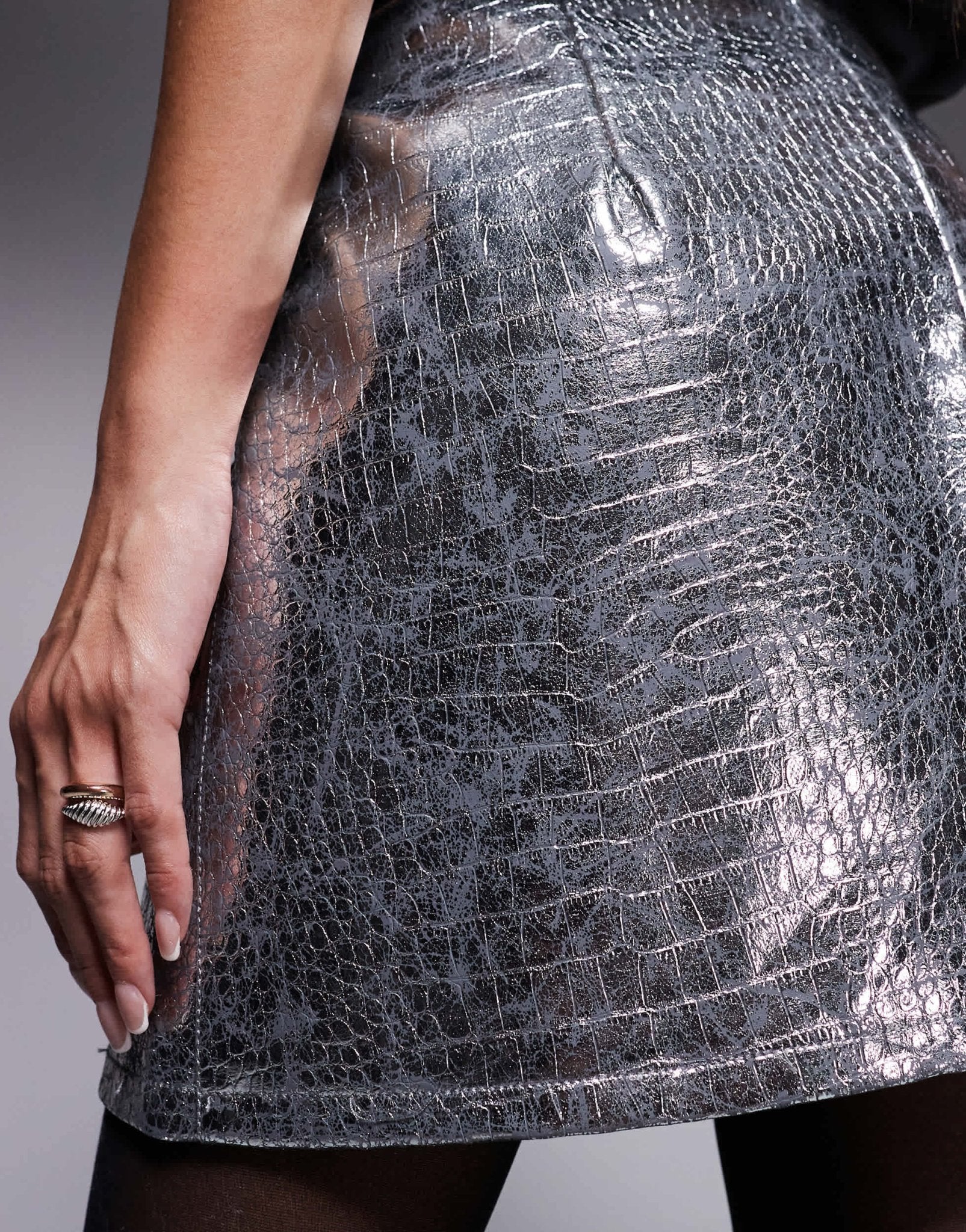 River Island faux leather patch pocket mini skirt in silver - ASOS Sample Sale