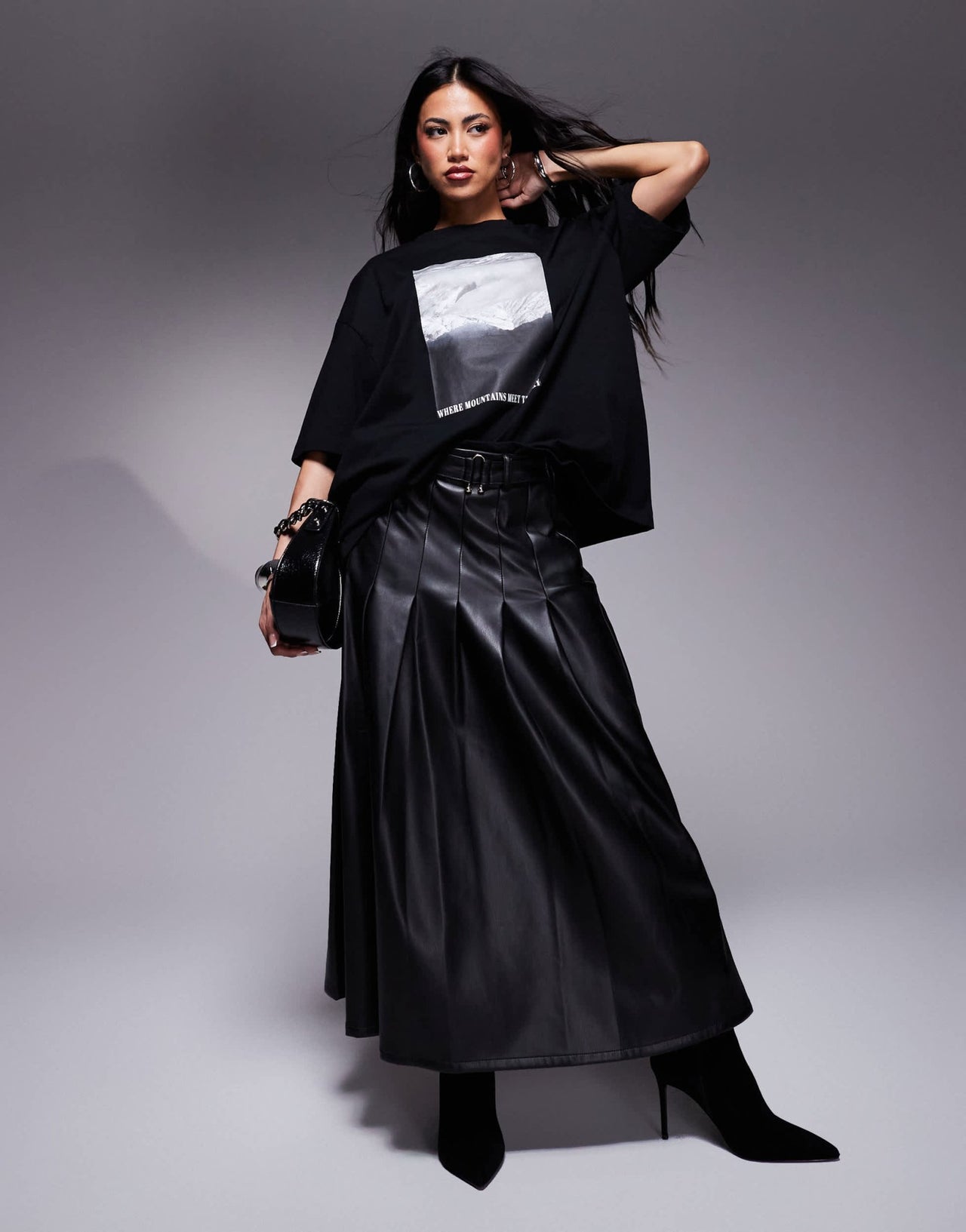 River Island faux leather pleated midi skirt in black - ASOS Sample Sale