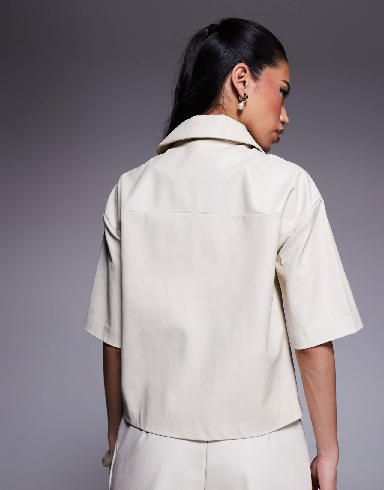 River Island faux leather short sleeve shirt in cream - ASOS Sample Sale