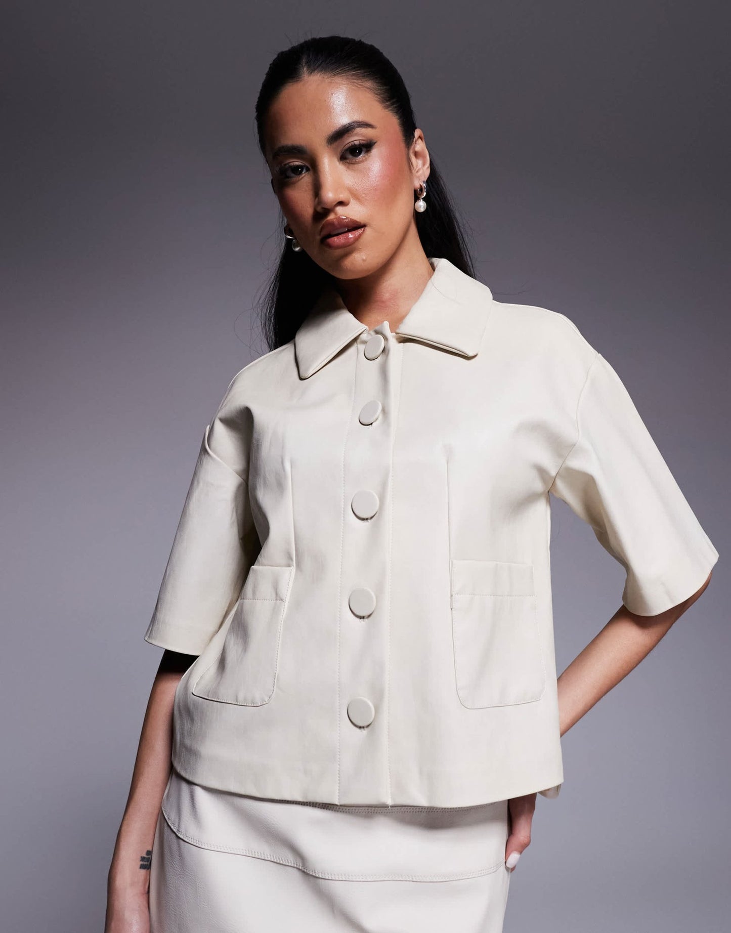 River Island faux leather short sleeve shirt in cream - ASOS Sample Sale