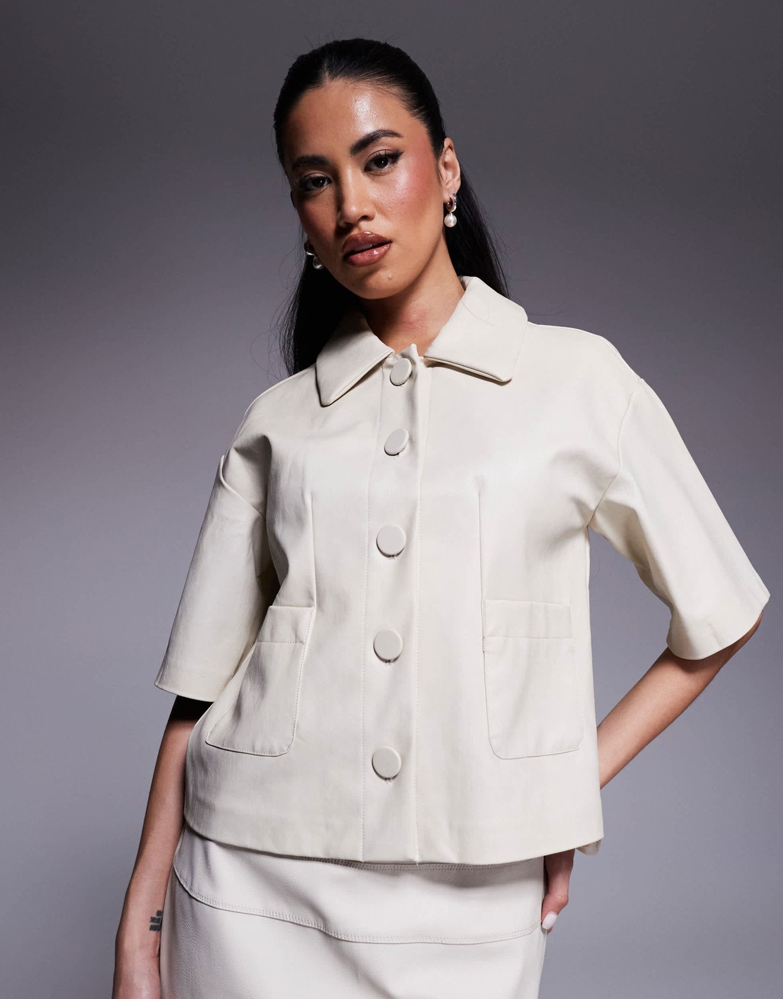River Island faux leather short sleeve shirt in cream - ASOS Sample Sale