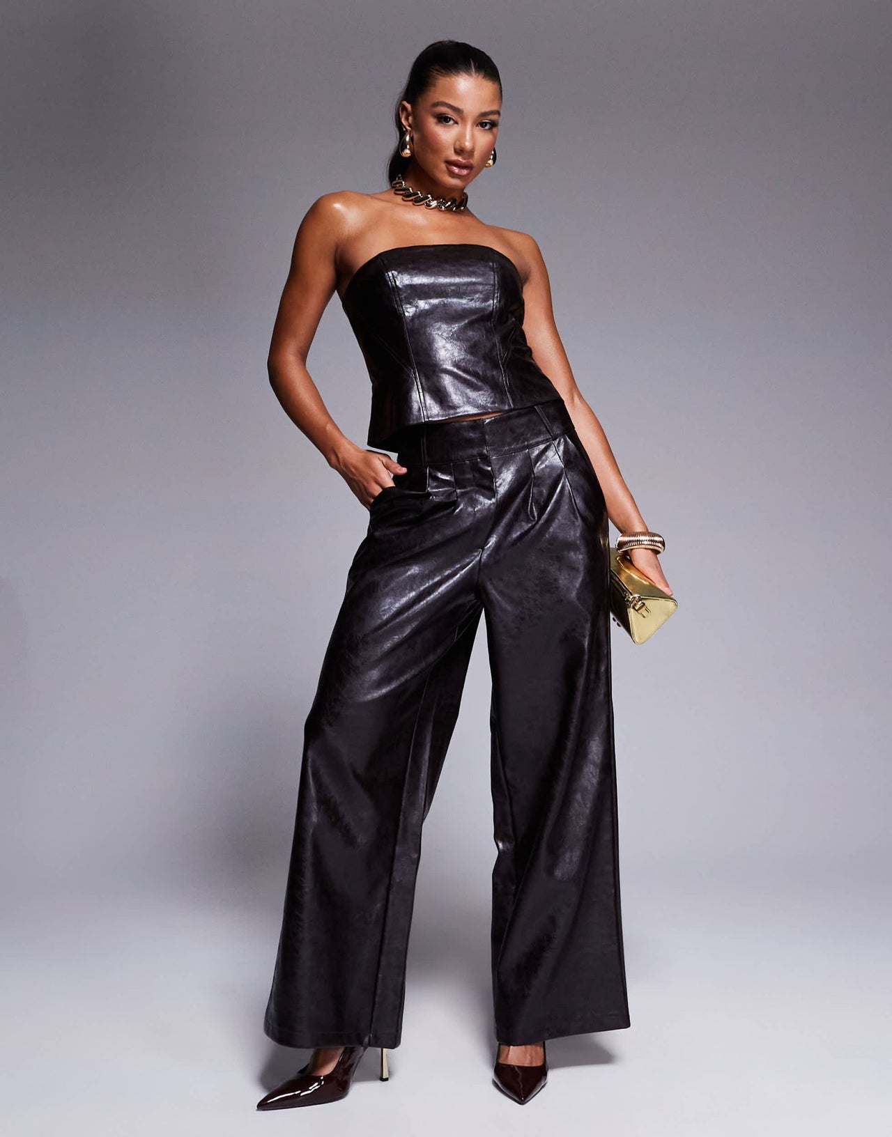 River Island faux leather wide leg trouser co - ord in dark brown - ASOS Sample Sale