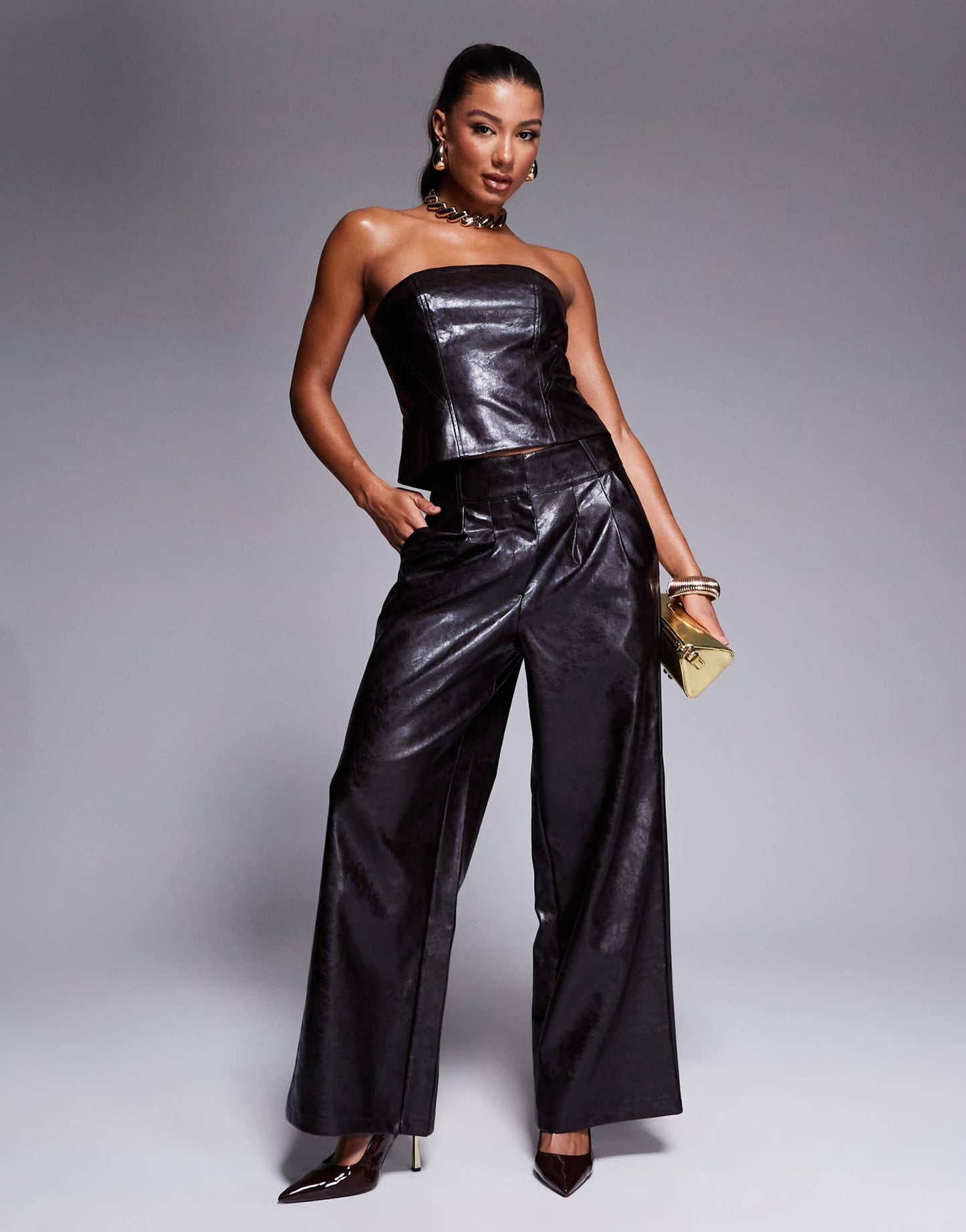 River Island faux leather wide leg trouser co - ord in dark brown - ASOS Sample Sale