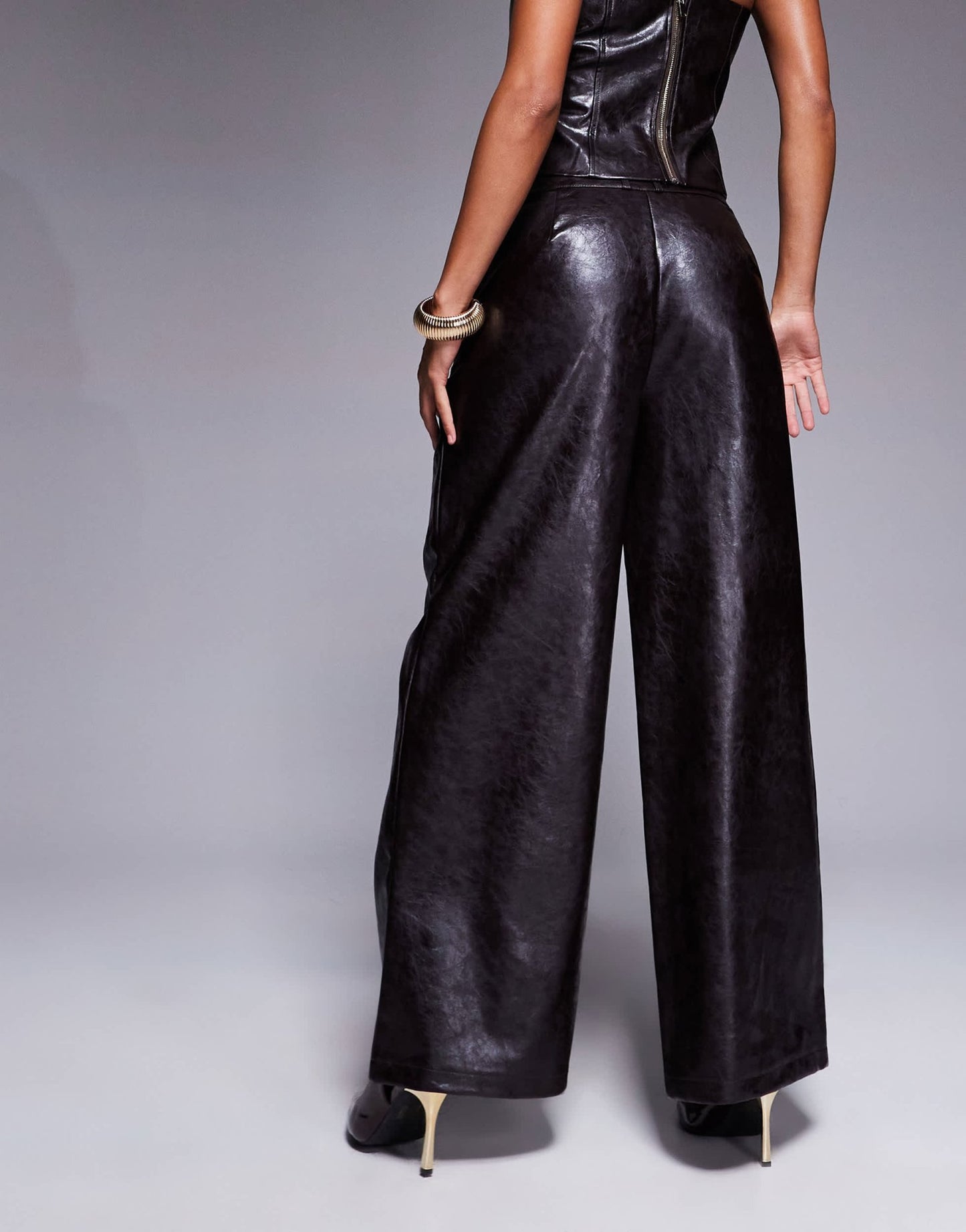 River Island faux leather wide leg trouser co - ord in dark brown - ASOS Sample Sale