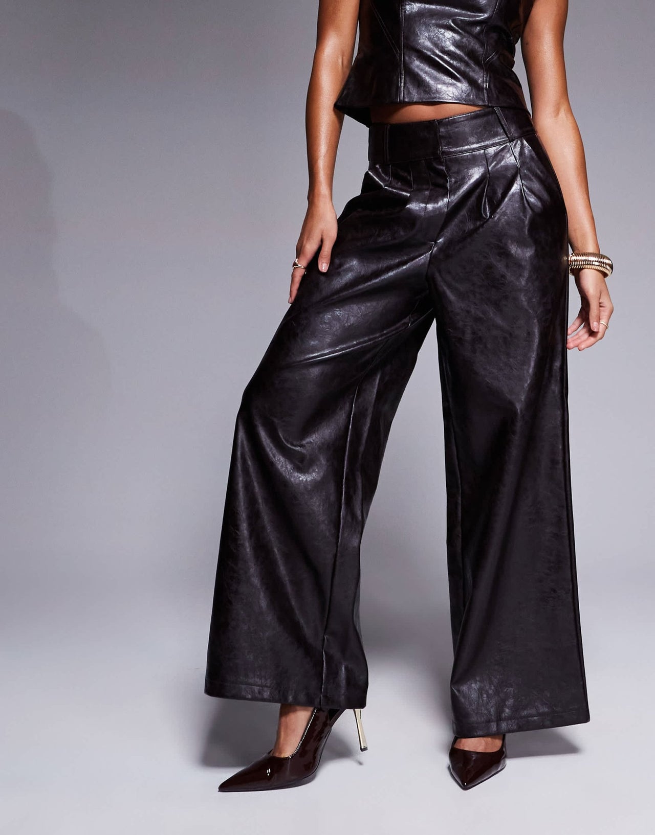 River Island faux leather wide leg trouser co - ord in dark brown - ASOS Sample Sale