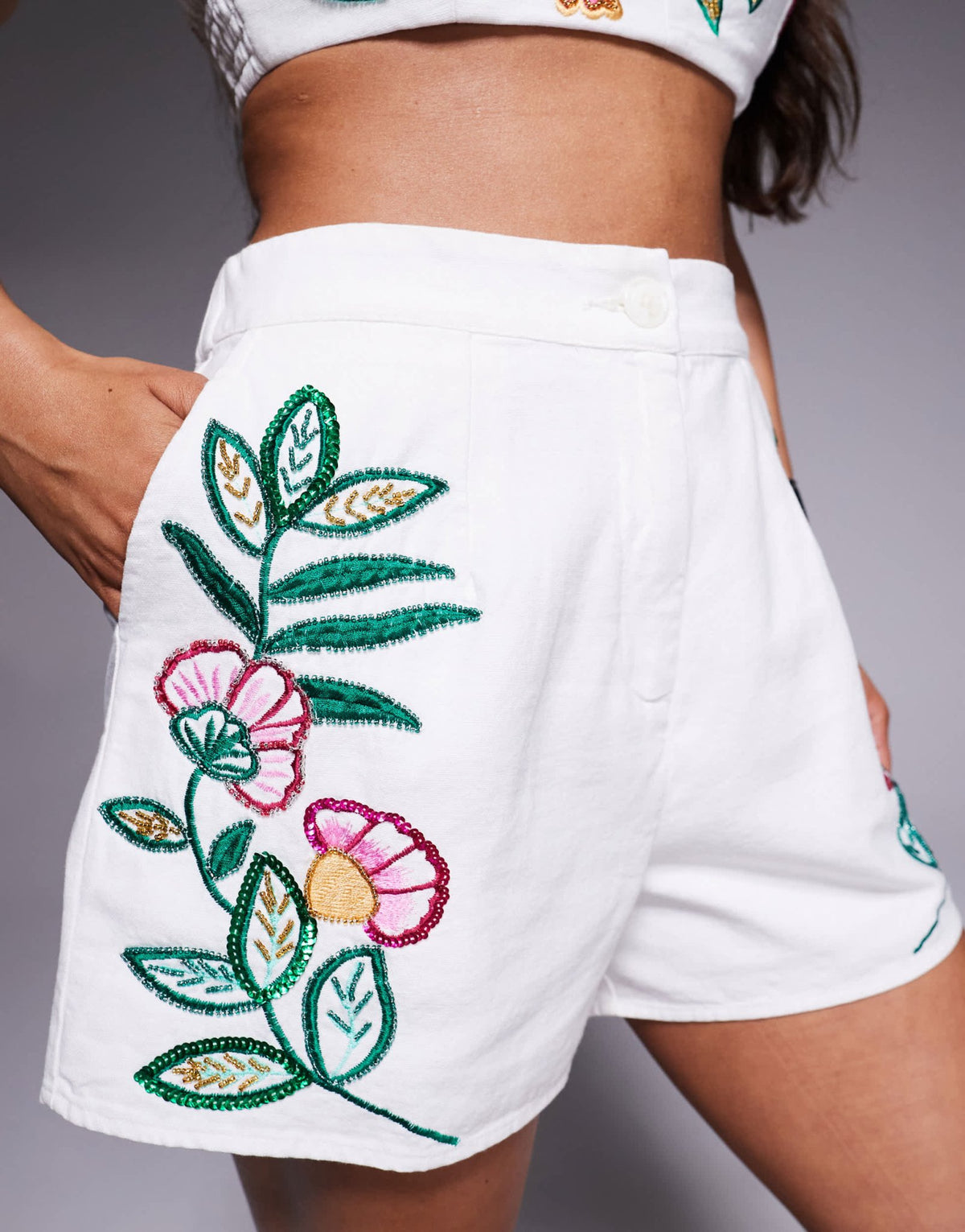 River Island floral embellished shorts in white co ord - ASOS Sample Sale