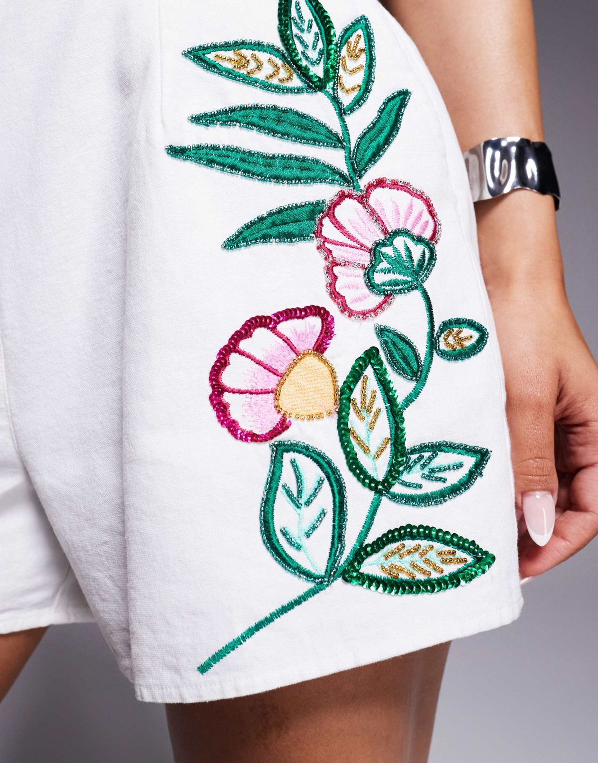 River Island floral embellished shorts in white co ord - ASOS Sample Sale