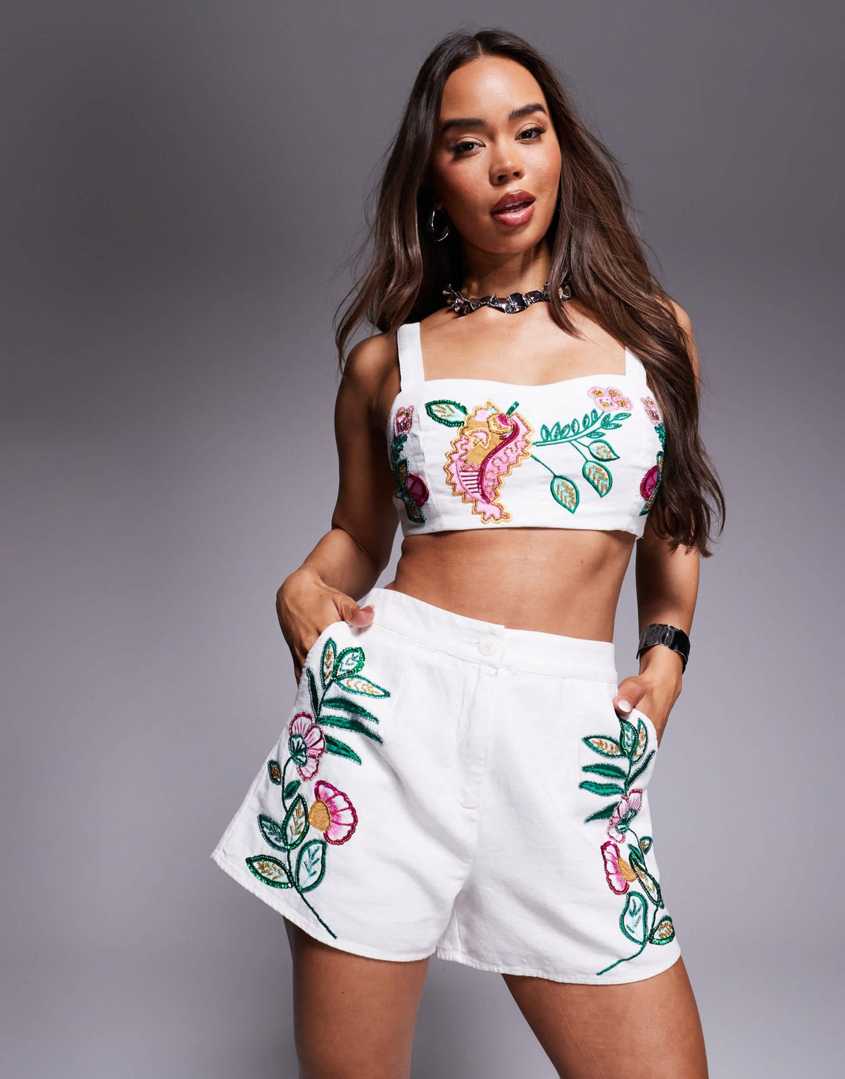 River Island floral embellished shorts in white co ord - ASOS Sample Sale