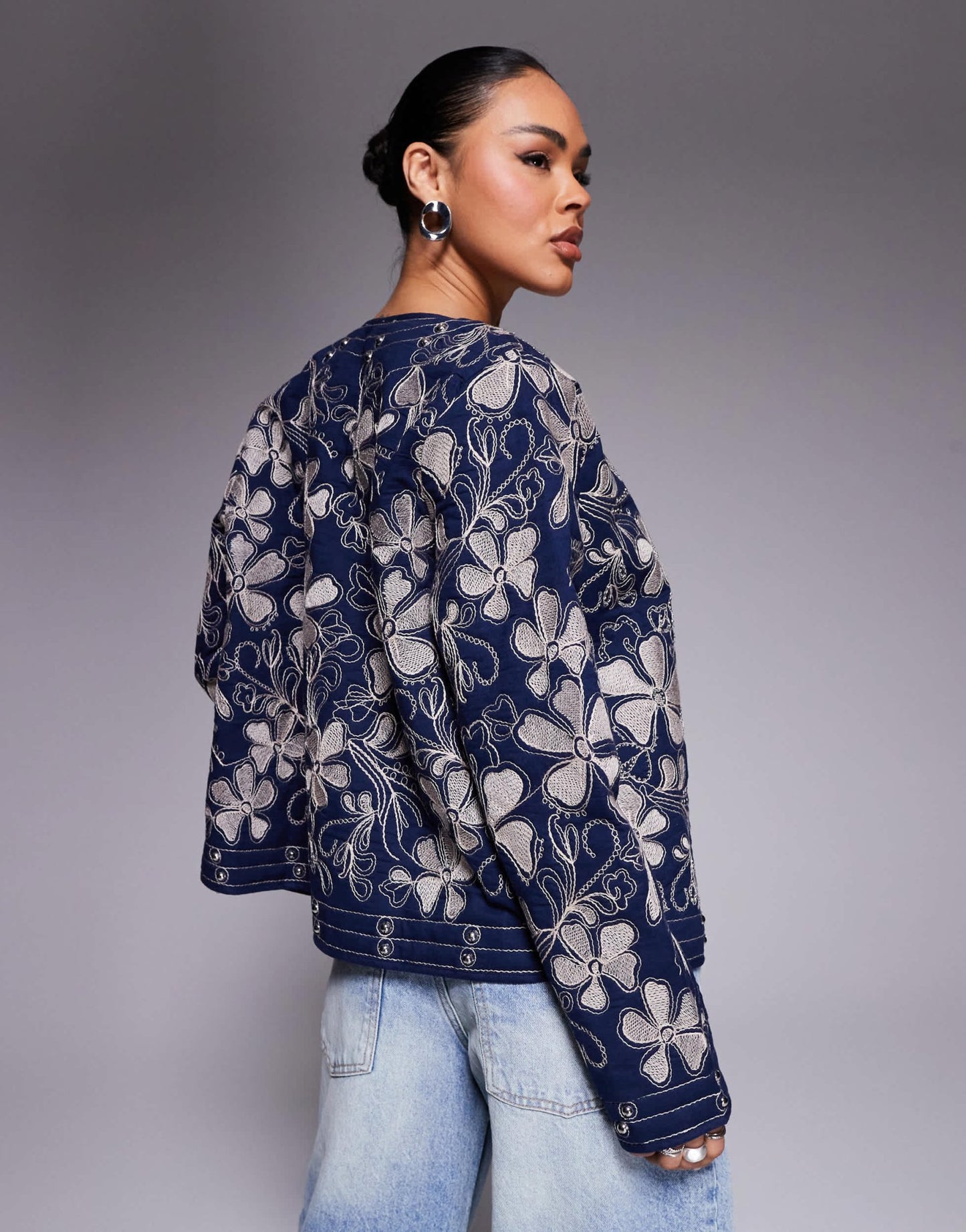River Island floral studded housecoat in navy - ASOS Sample Sale