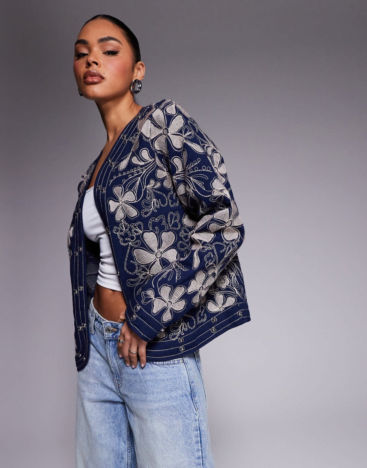 River Island floral studded housecoat in navy - ASOS Sample Sale