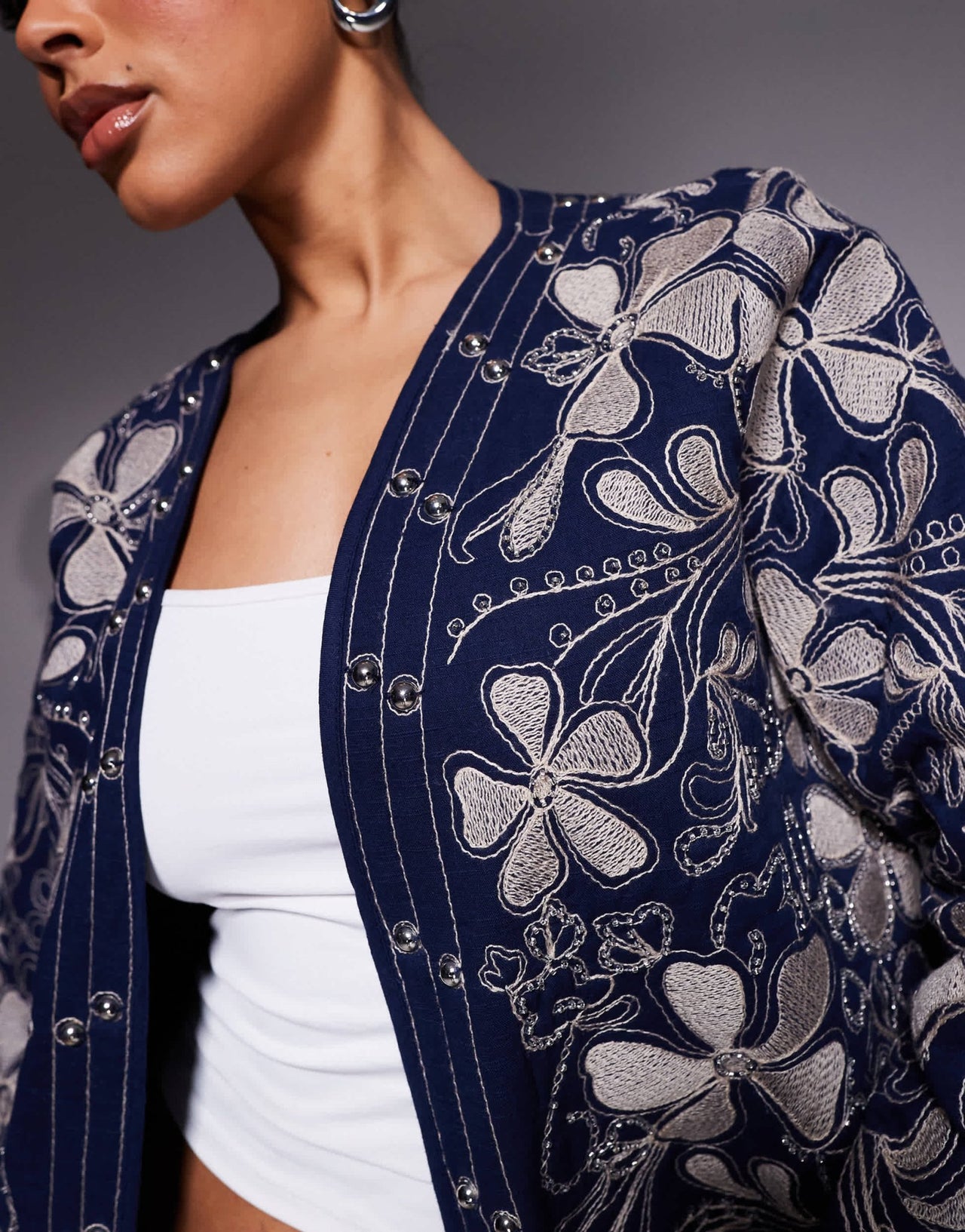 River Island floral studded housecoat in navy - ASOS Sample Sale