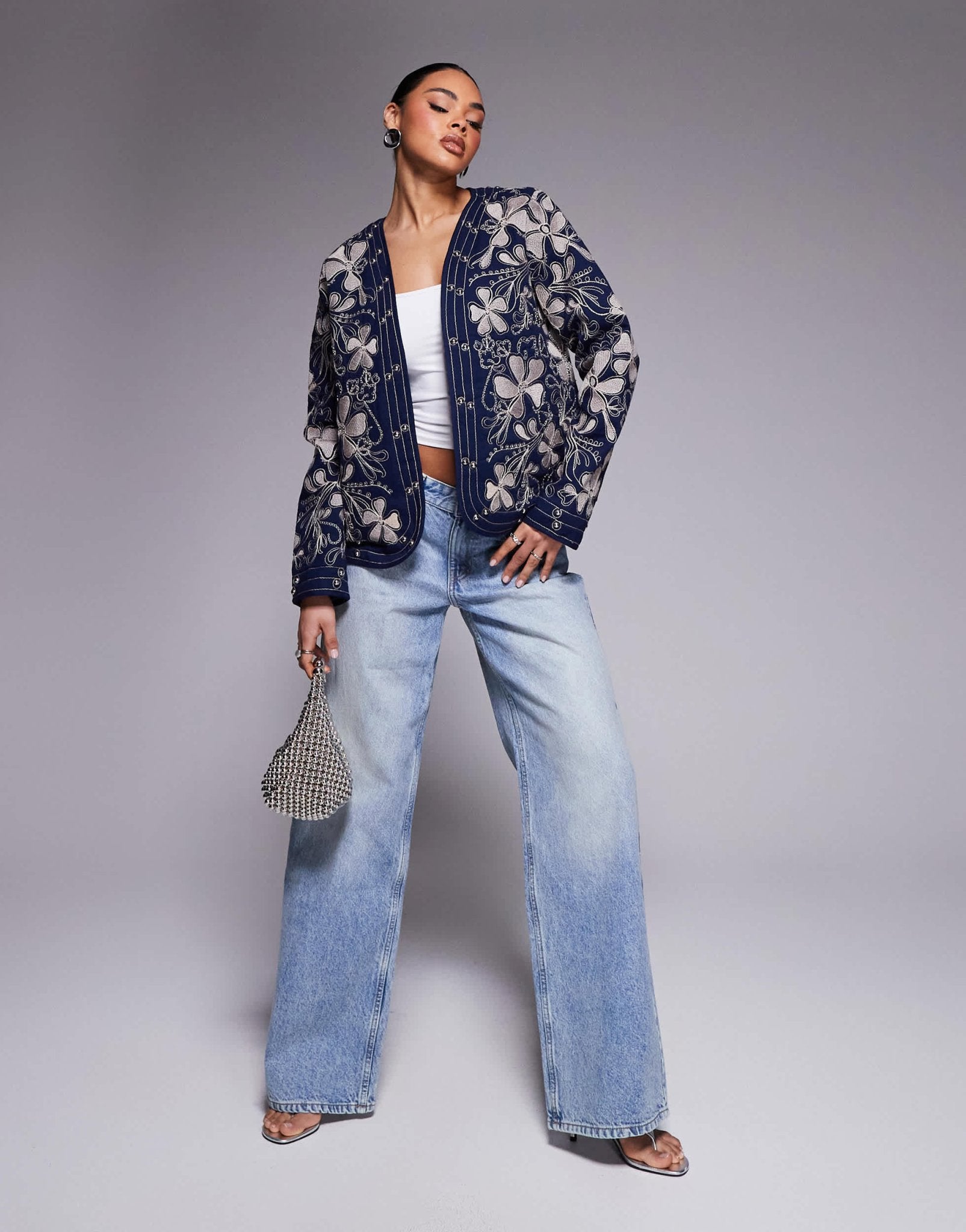 River Island floral studded housecoat in navy - ASOS Sample Sale