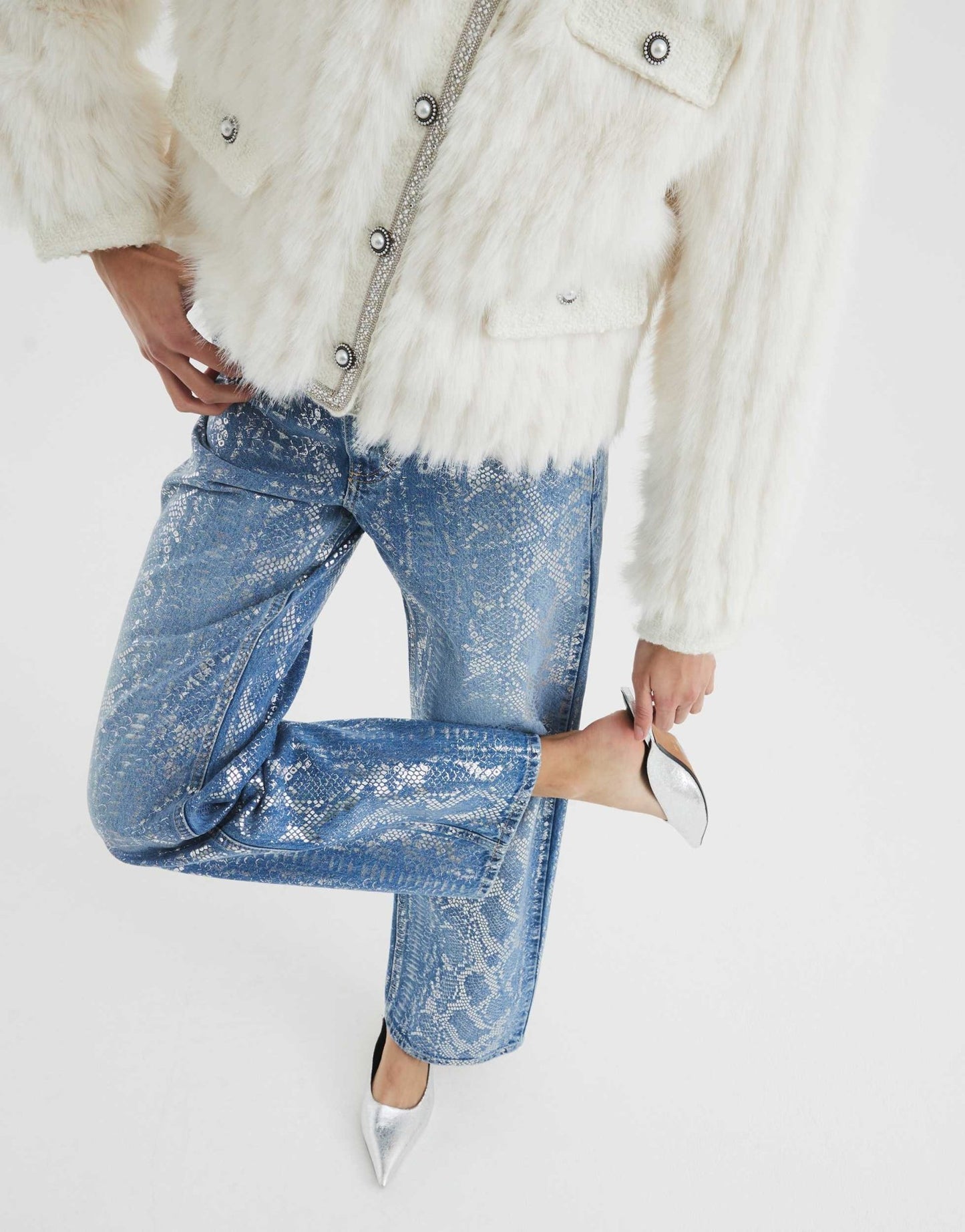 River Island foil snake print relaxed straight jean in midblue wash - ASOS Sample Sale