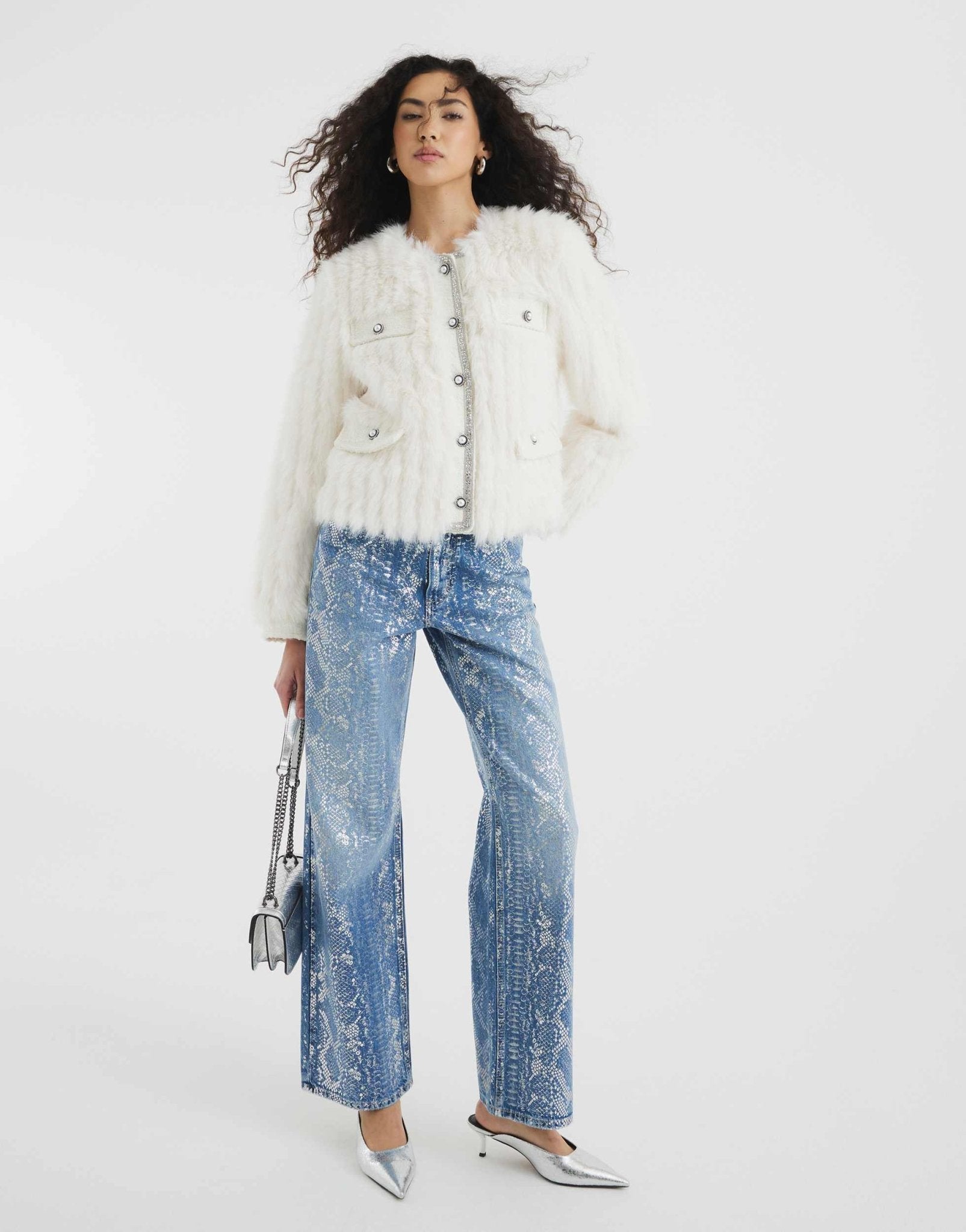 River Island foil snake print relaxed straight jean in midblue wash - ASOS Sample Sale
