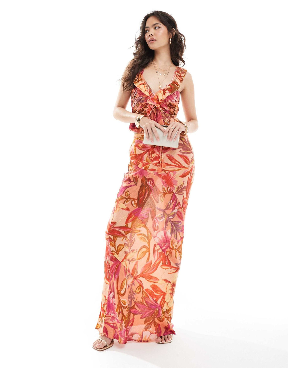 River Island frill floral strappy top co-ord in orange - ASOS Sample Sale